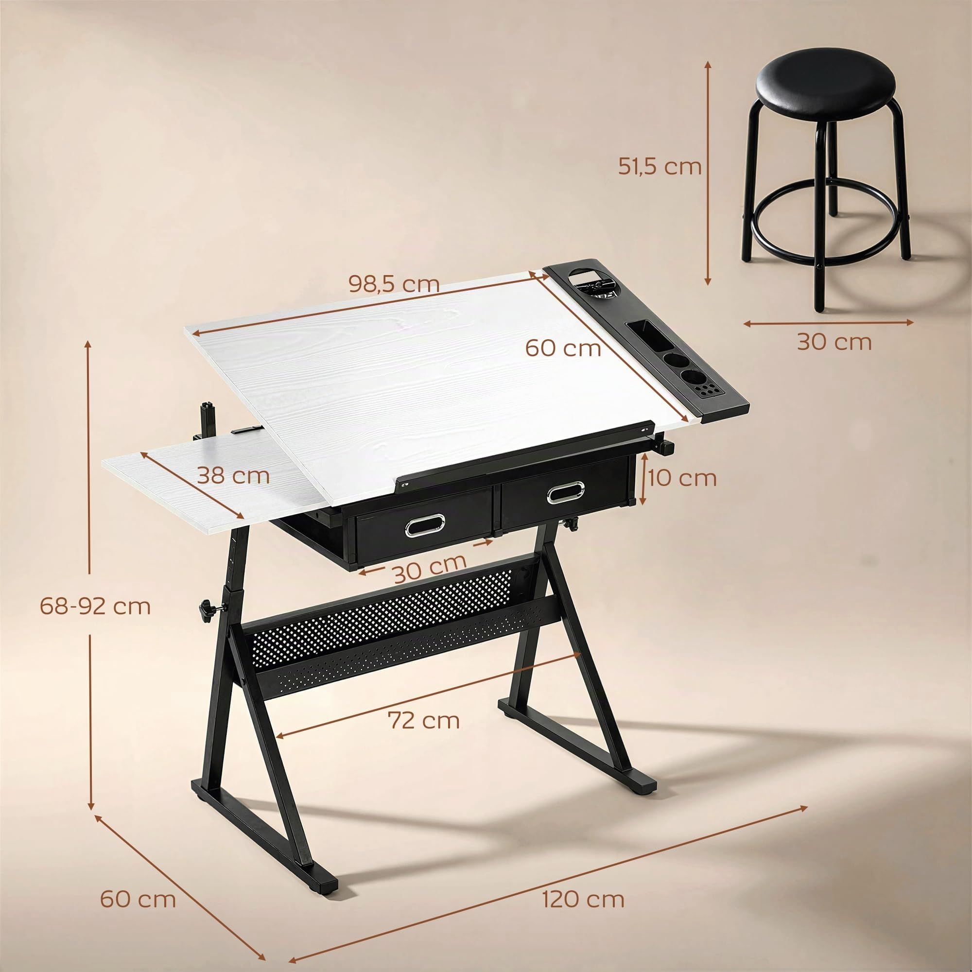 HOMCOM Table à Dessin avec Tabouret, 2 Tiroirs, Hauteur Réglable, Blanc