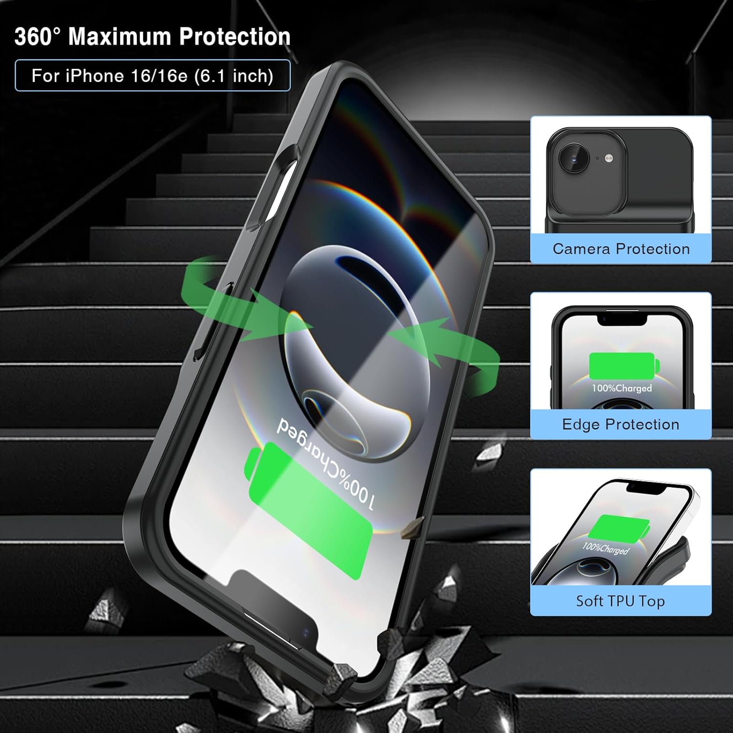 GIN FOXI Battery Case for iPhone 16/16e,Rechargeable Charging Case Charger 8500mAh Ultra-Slim Lightweight 15W Fast Battery Pack Anti-Fall TPU Juice Box for iPhone 16/16e(6.1") Black