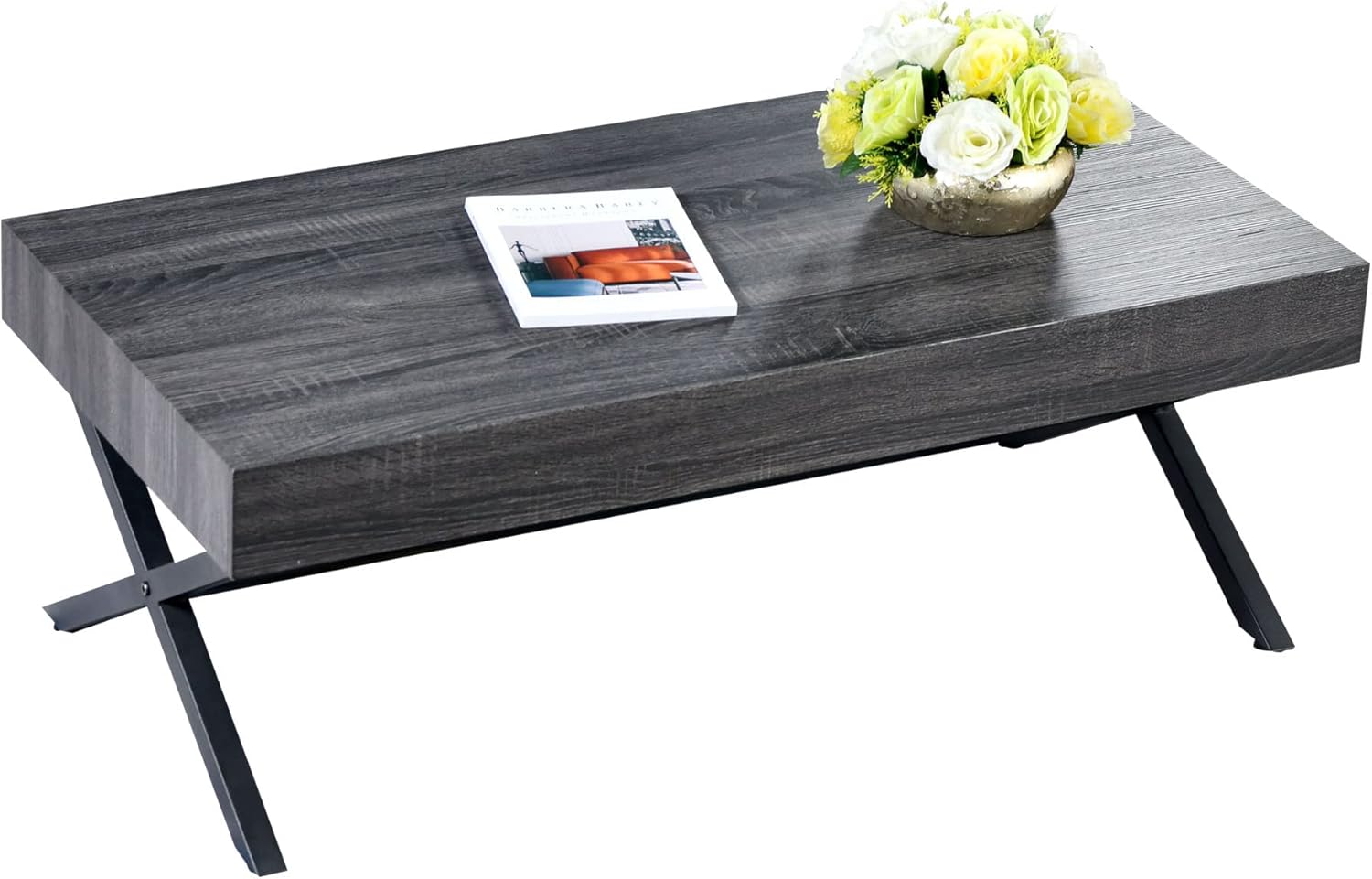 Industrial Coffee Table Rustic Wood and Metal Coffee Table for Living Room，Black Retro Central Table Cocktail Table，Rectangle Coffee Table Dark Grey : Home & Kitchen