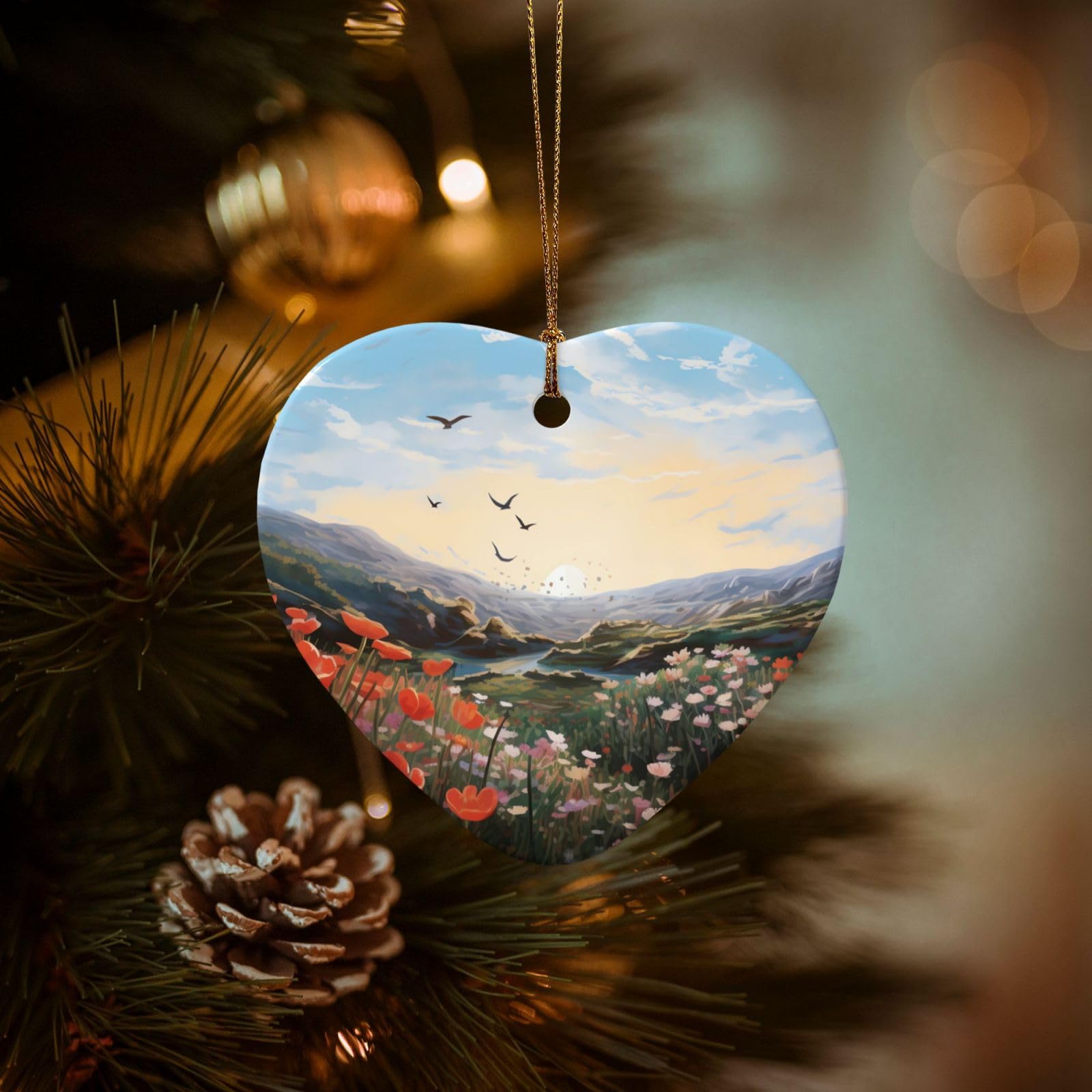 Christmas Tree Ornaments Ceramics Christmas Decorations Birds Ornaments with Gold Ribbon Porcelain Xmas Tree Crafts Heart Shape Hanging Pendant for Christmas Tree Party Decor