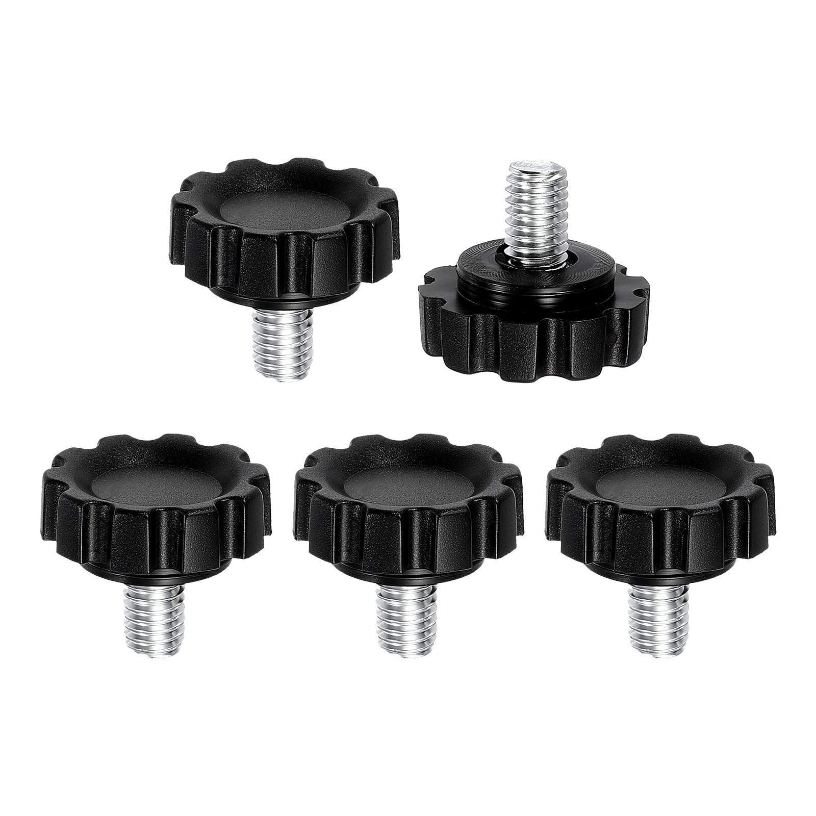 sourcing map 5 Pcs Knurled Knobs Clamping Handles M6 x 10mm Metric Male Thread Carbon Steel Hand Tightening Screws Threaded Stud Knob Bolts for Woodworking Jigs, Black