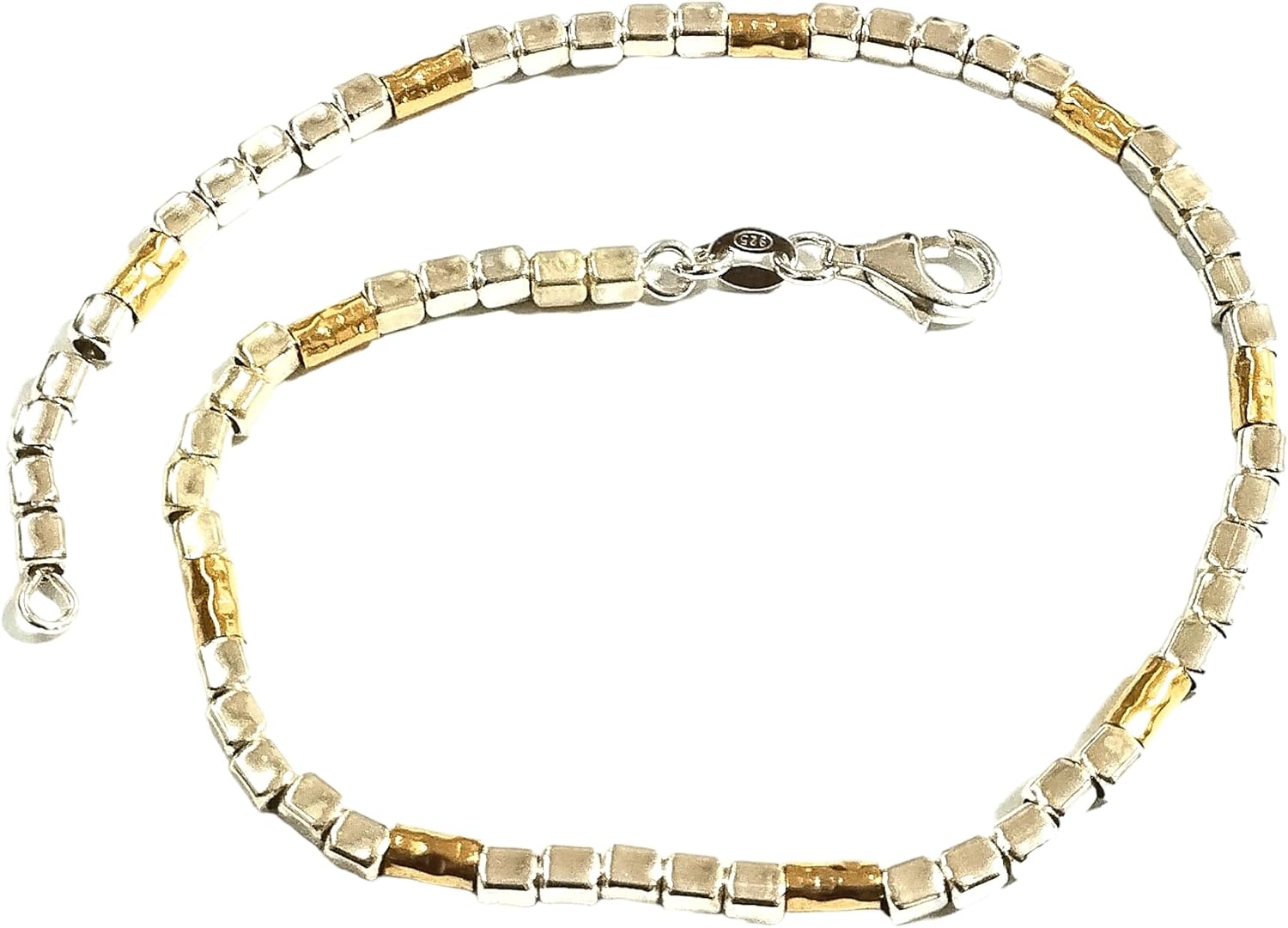 Silver and Gold Two Tone Bracelet 925 Sterling Silver 3mm Cube Beads and 14kt Gold Filled 3x5mm Hammered Tube Beads. Strung on Silver Chain. Women, Men, Unisex