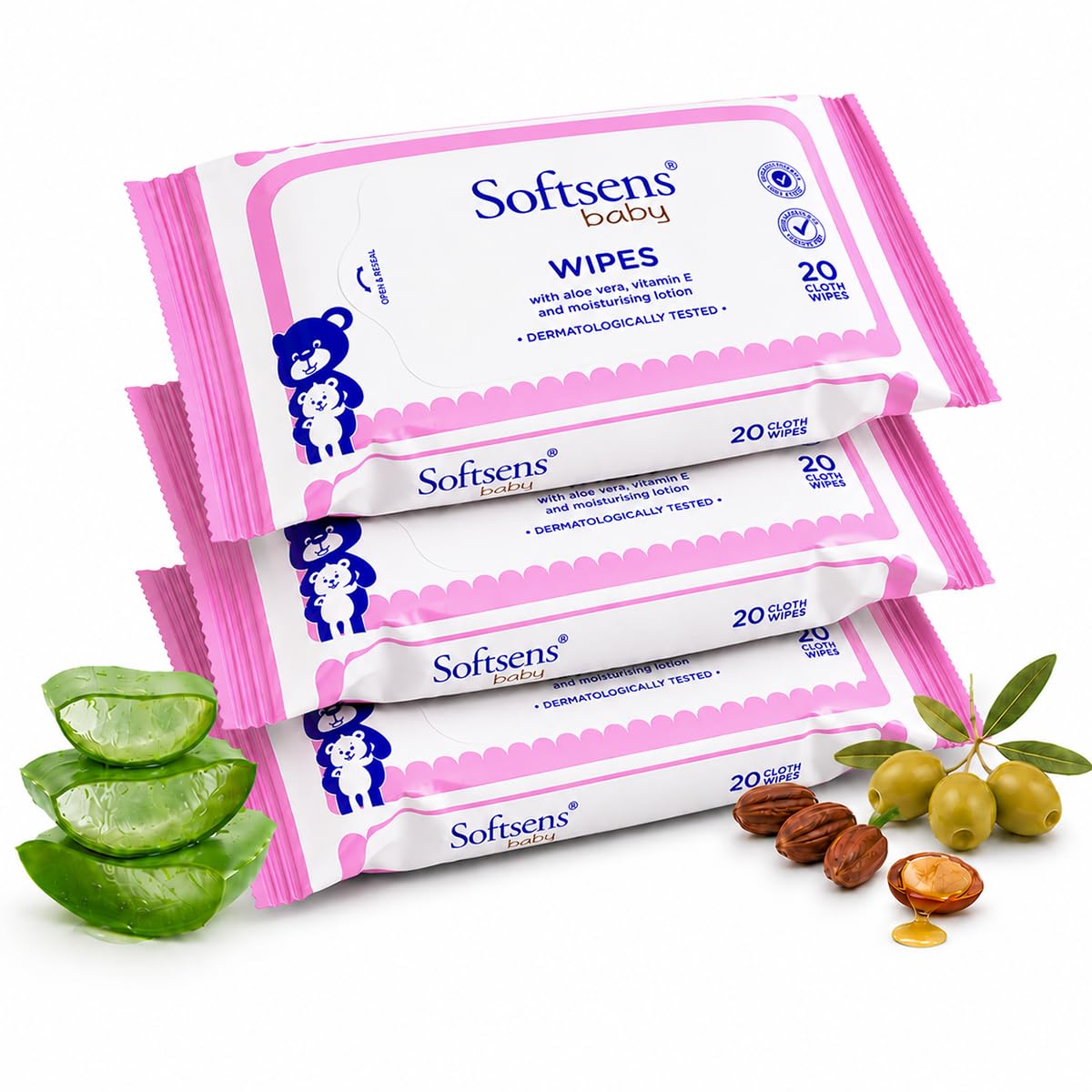 Softsens Baby Gentle Cloth Wipes for Baby Skin Enriched with Aloe Vera & Vitamin E I Dermatologically Tested & Parben Free - 20 Wipes (Pack of 3)-picture-12