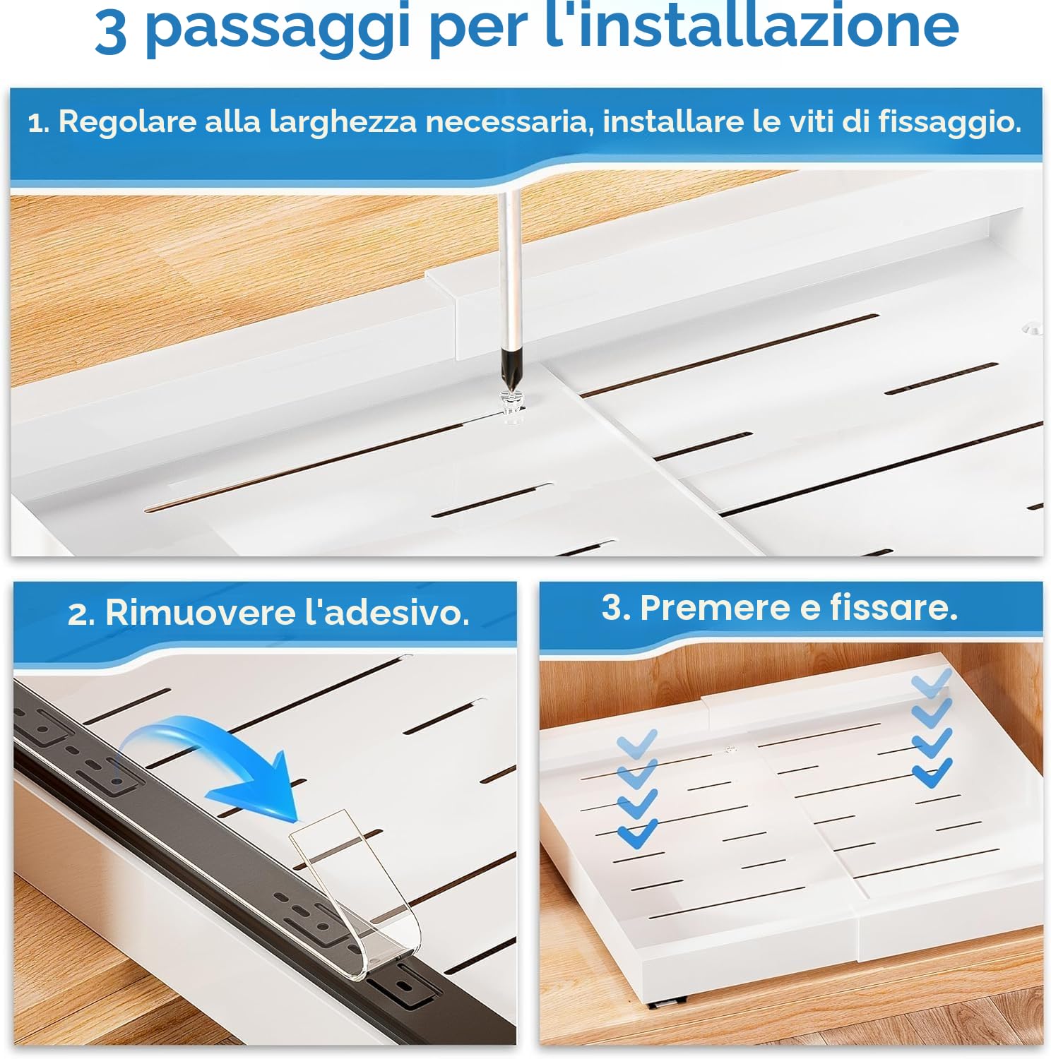 Sprifityy Cassetto telescopico,Armadio da Cucina Ripiani organizer estraibile in acciaio al carbonio,larghezza del cassetto regolabile 32-52 cm,nessuna perforazione, chiodi necessari (bianco)