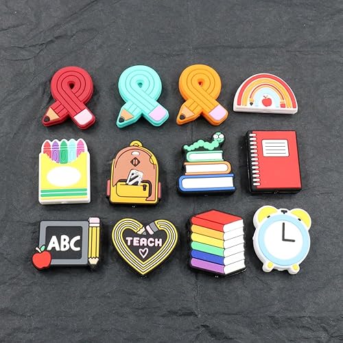 Miniatura 4 de MONSEALYT 12 cuentas de silicona con temática escolar para profesores, cuentas focales de silicona para bolígrafos, personajes, cuentas sueltas de