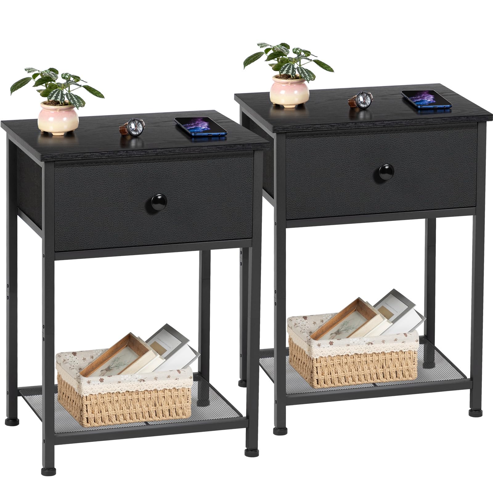 AMHANCIBLE Nachttisch 2er Set, Beistelltisch mit Stoffschubladen, Nachtkommode mit 2 Ablagen, Nachtschrank für Schlafzimmer, Wohnzimmer, Industriestil, 40 x 30 x 55 cm