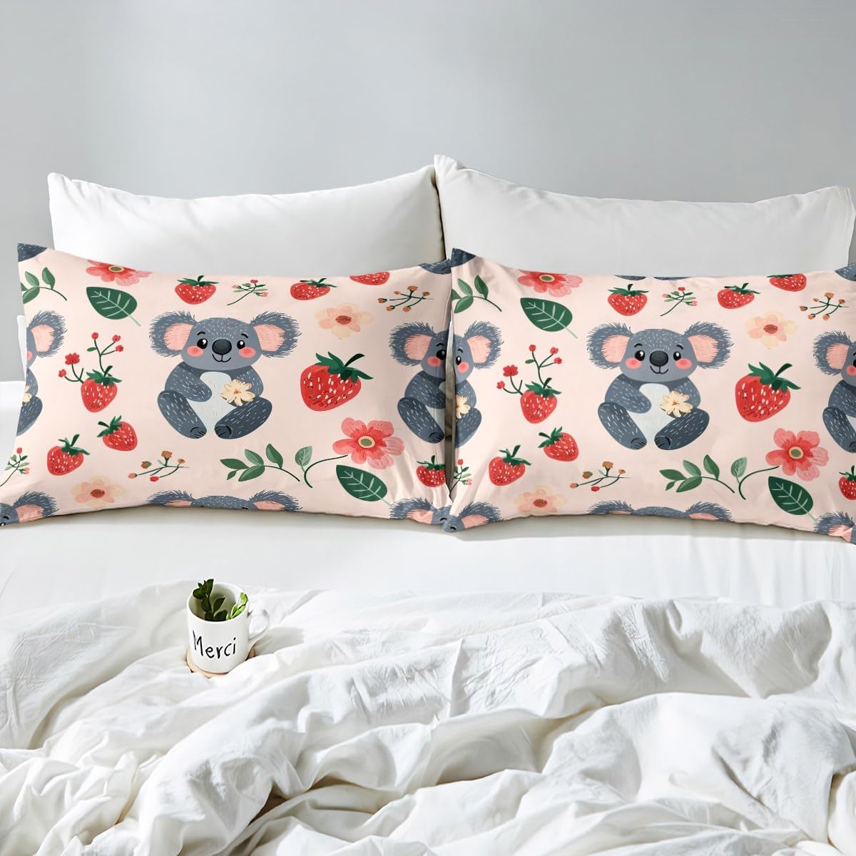 Erosebridal Cartoon Koala Sheet Set Full Size Koala Bear Animal Print Bed Sheets Set for Girls Toddler Nursery Watercolor Floral Leaves Sheets Red Strawberry Decor Bedding Set 4 Pieces
