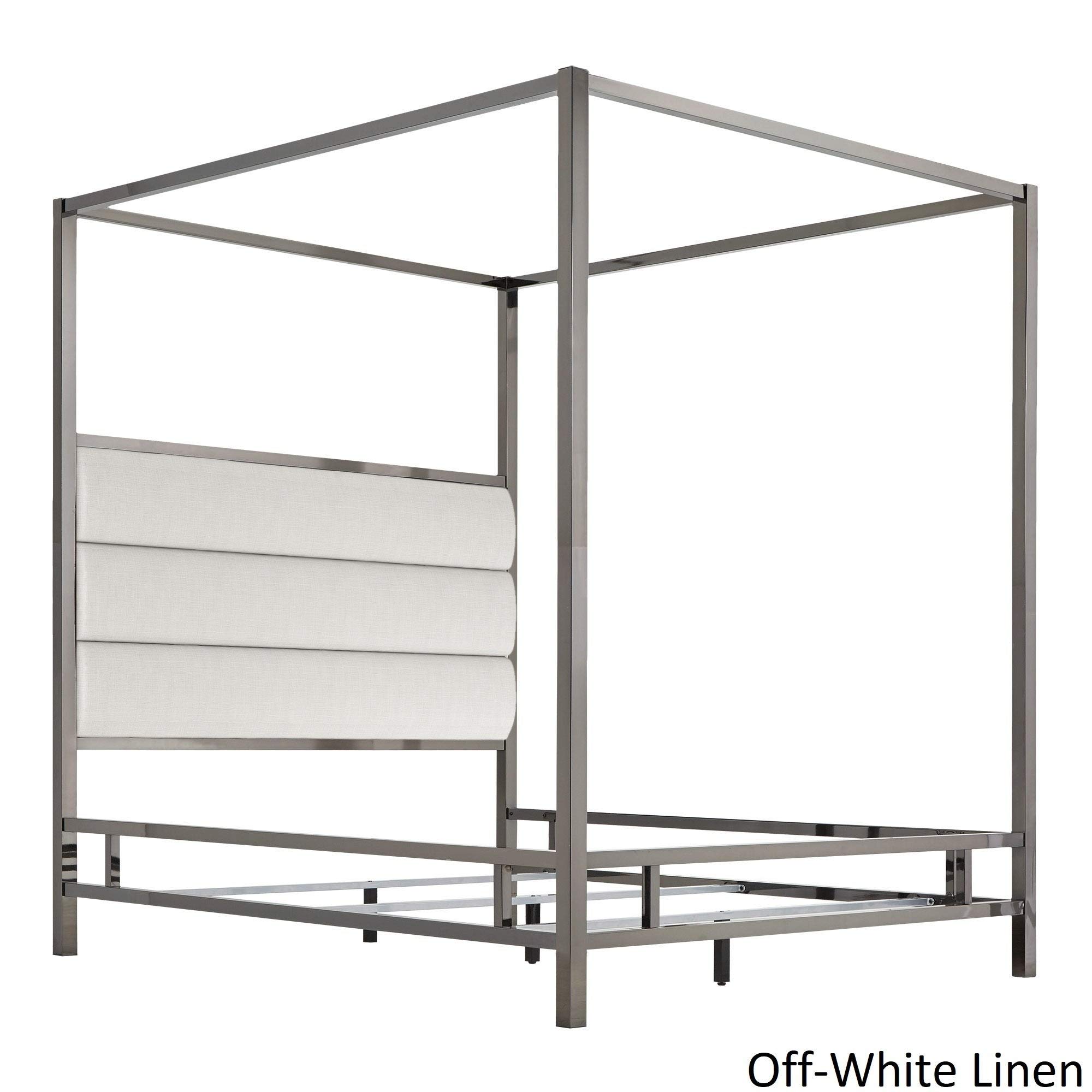 Inspire Q Solivita Black Nickel Metal Canopy Bed with Horizontal Panel adboard by Bold Off-White Linen King Glam, Modern & Contemporary Polyester