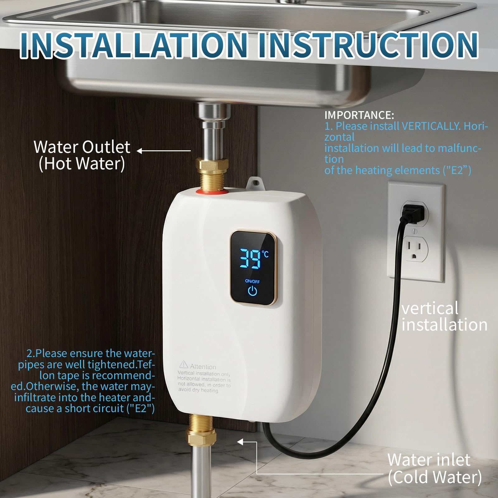 Calentador de agua eléctrico sin tanque, calentador de agua eléctrico sin tanque de 3000 W, 110 V, calentador de agua caliente bajo demanda, eléctrico con visualización digital, calentador de agua