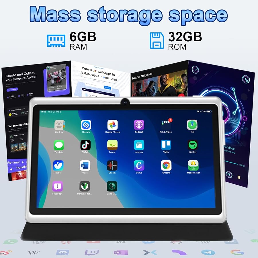 7 Inch Android Tablet with Case, 6GB RAM 32GB ROM, 1TB Expandable Storage, Quad-Core Processor, HD Display, WiFi, Bluetooth, Dual Camera, 3000mAh Battery, Black Tablet for Kids & Travel (Black), image 3