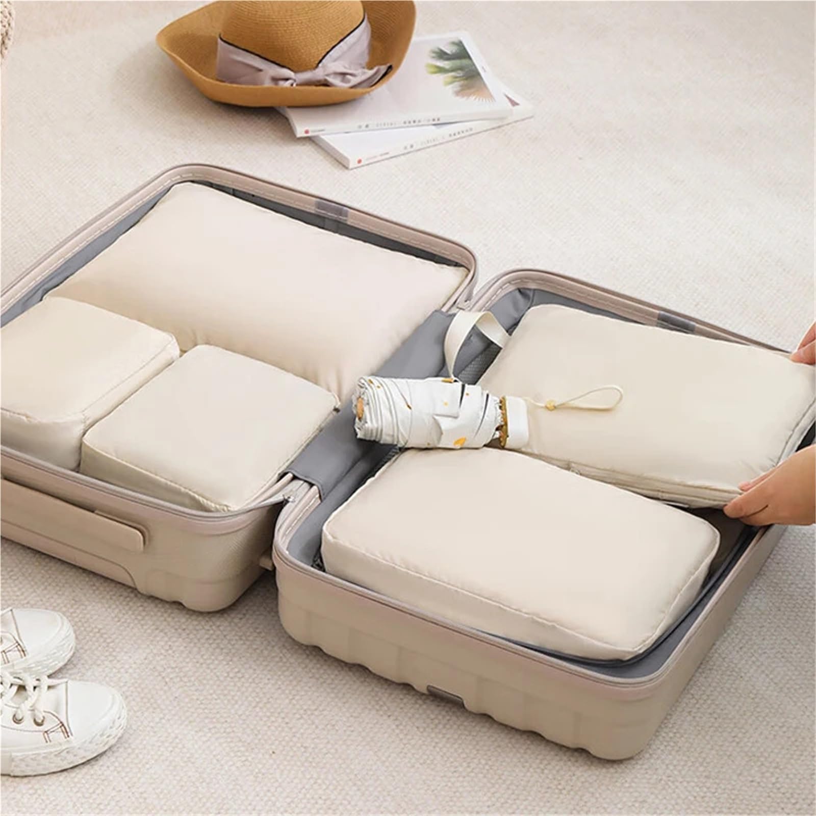 Set di 4 borse portaoggetti da viaggio con compressione, for riporre bagagli, abbigliamento e altro ancora per Vestiti, Scarpe, Cosmetici(Beige)