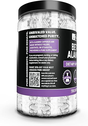 Miniatura 2 de Ingredientes originales puros Beta alanina, (730 cápsulas) siempre pura, sin aditivos ni rellenos, verificado por laboratorio
