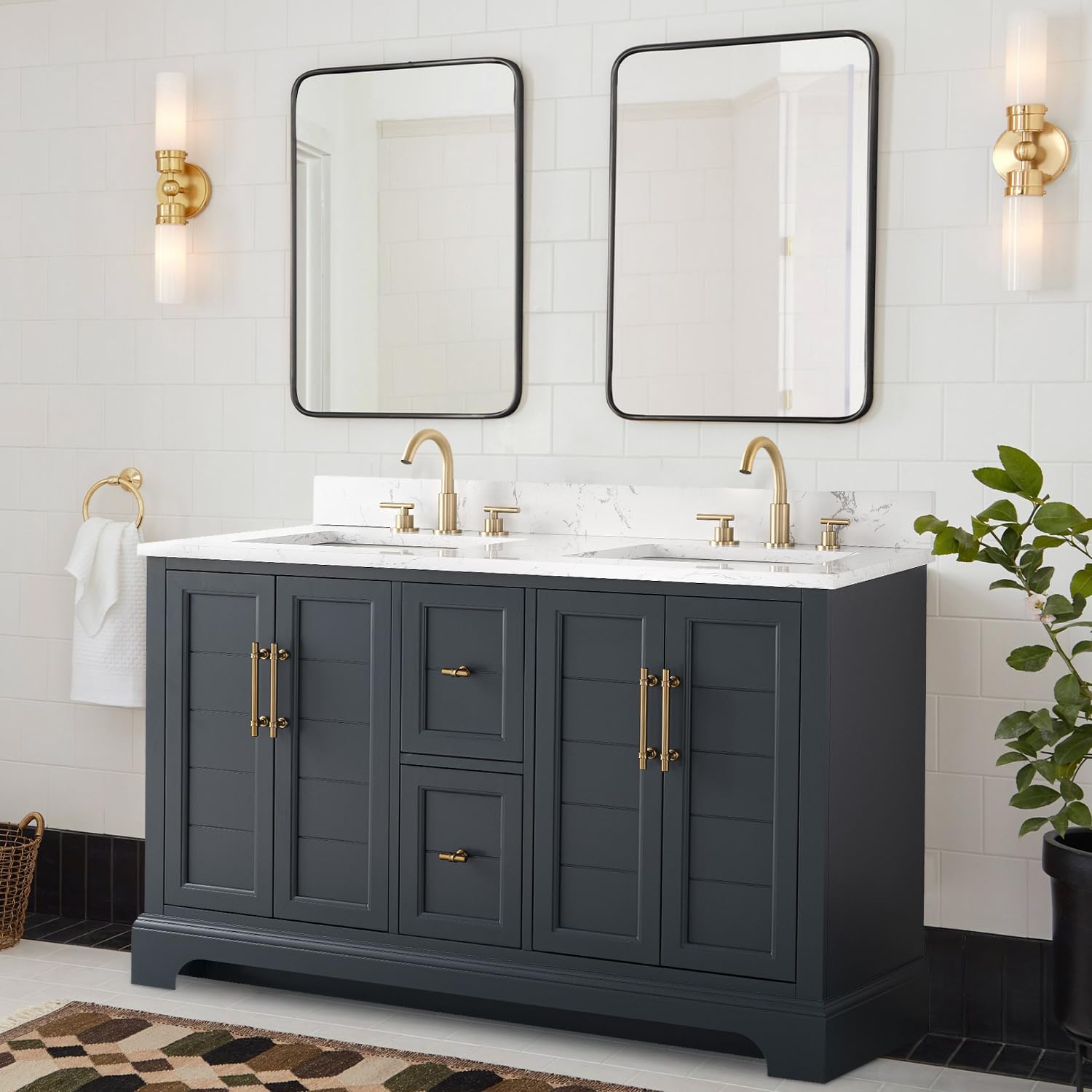 Vanity Art 54 Inch Double Sink Bathroom Vanity with Ceramic Sink and Stone Top | Undermount Rectangular Sink Cabinet Soft Closing Doors, Dovetailed Drawers, No Mirror VA5054-VSB