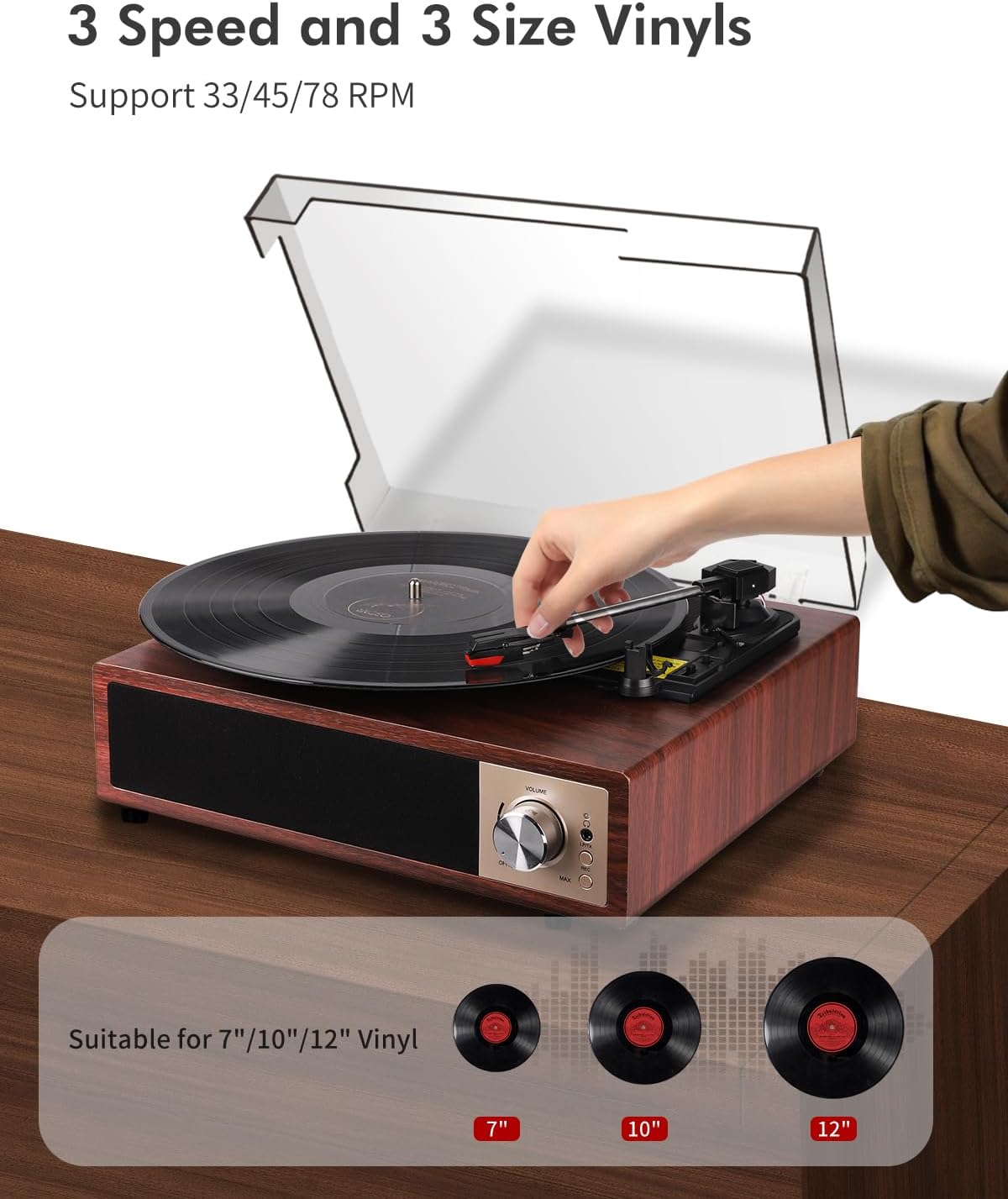Turntable playing a record, with illustrations of 7, 10, and 12 inch vinyl sizes