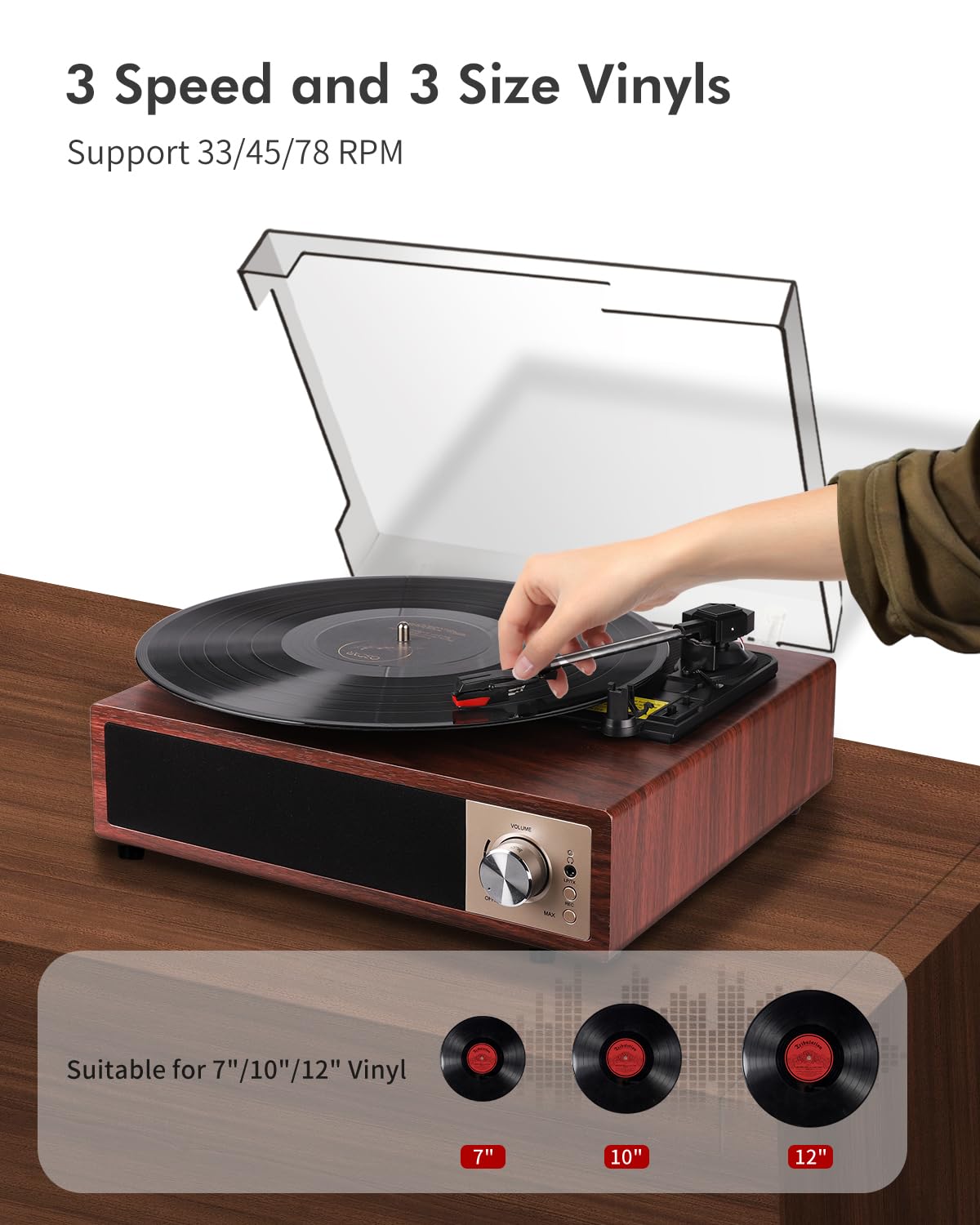 VIFLYKOO Plattenspieler, Schallplattenspieler Bluetooth 5.4 mit 2 Stereo-Lautsprecher, Wireless 3-Gang 33/45/78 u/min, Vinyl Player unterstützt Kopfhöreranschluss/AUX-Eingang/RCA-Ausgang/USB, Mahagoni