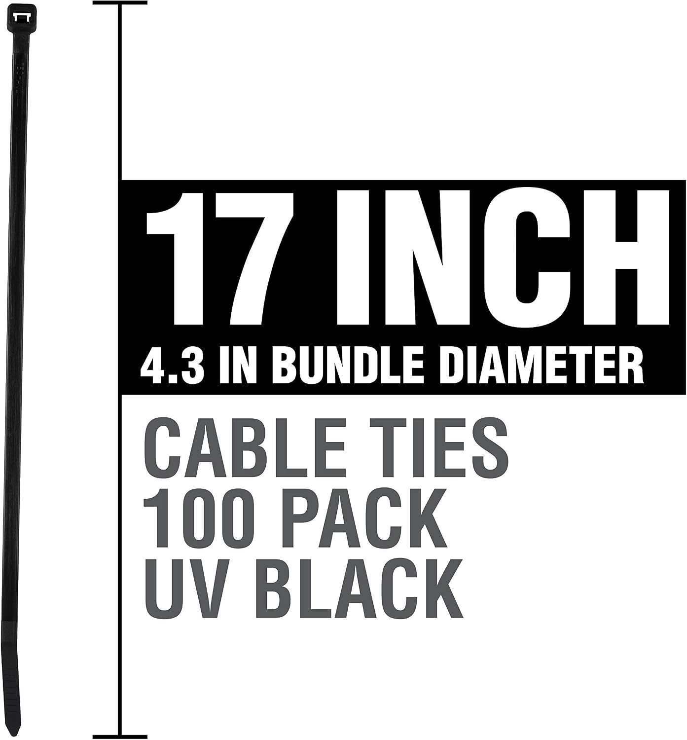 Cambridge 100 Pieces 17-in 175 Lb Tensile Strength Heavy Duty Cable Ties, Black UV Resistant, Nylon 6/6, UL Listed, Contractor Grade Quality Wire Ties