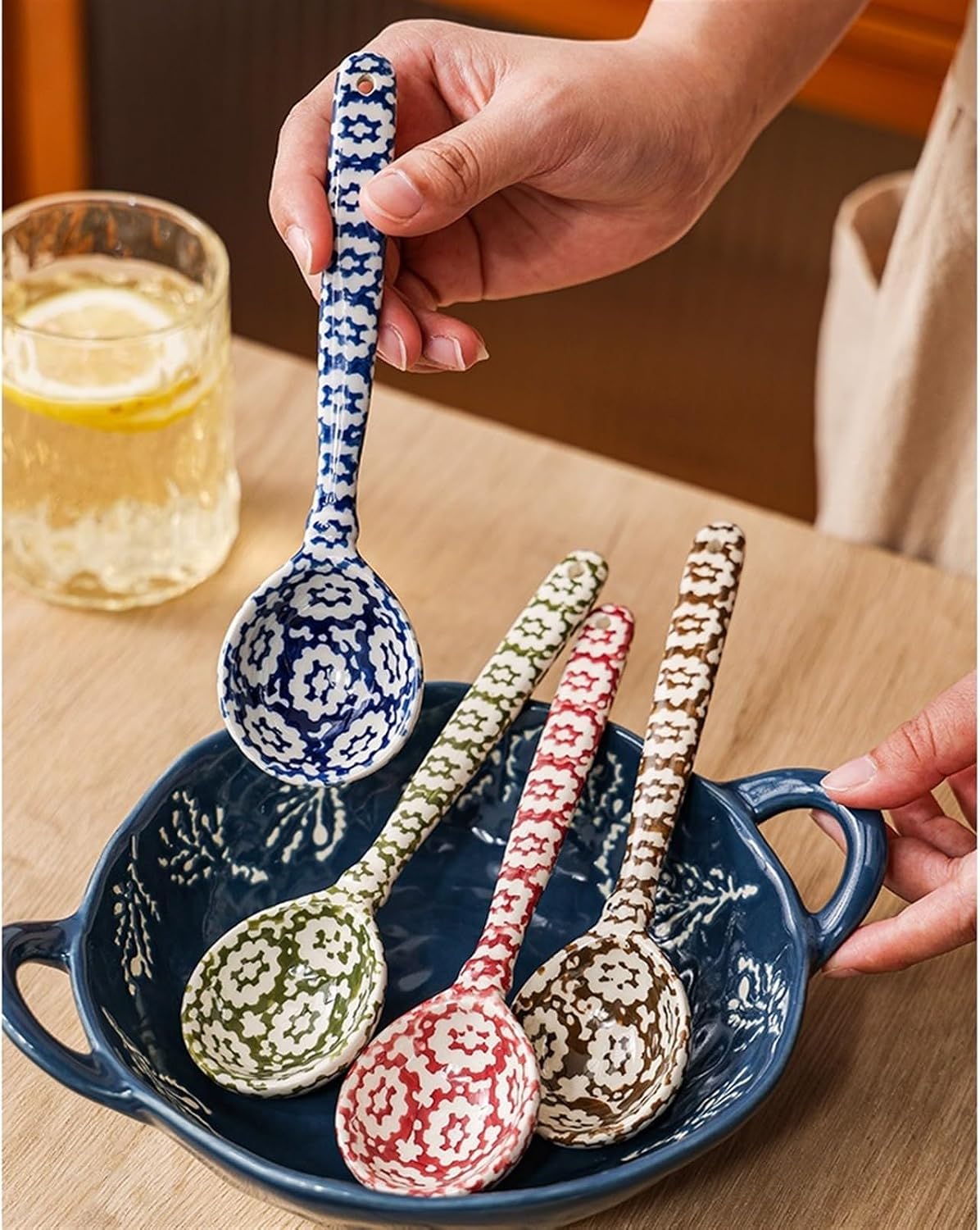 Soup Spoon Japanese Ceramic Dinner Porcelain Large Long Handle Round Asian 1 Piece Ice Cream Scoop(Blue)