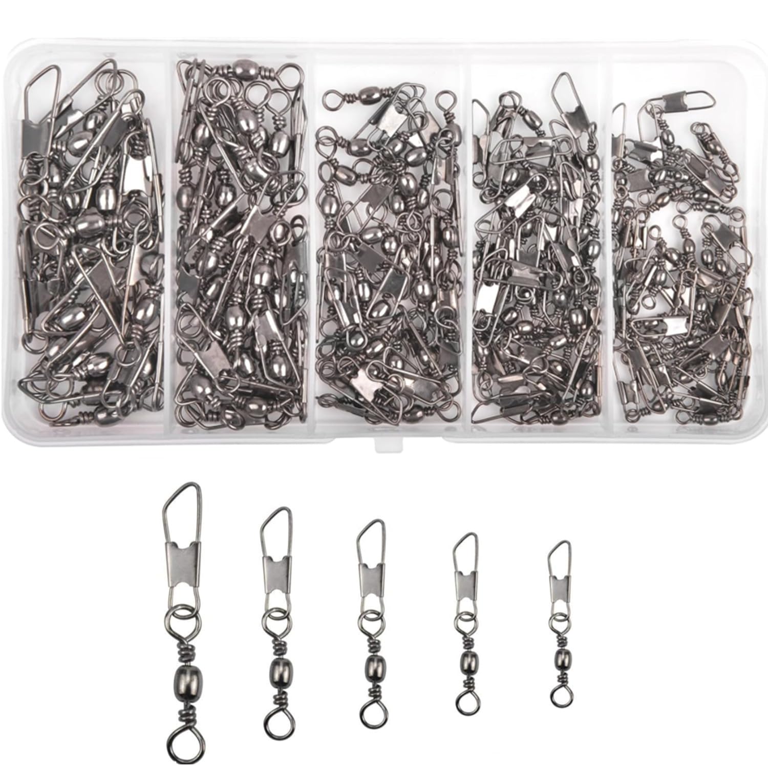 Fishing Rolling Swivel with Safety Snaps,100 Pcs Swivels Fishing Tackle with Barrel Ball Bearing Interlock Snaps Connector for Fishing Line Lure Saltwater High Strength Stainless,6# 8# 10# 12# 14#