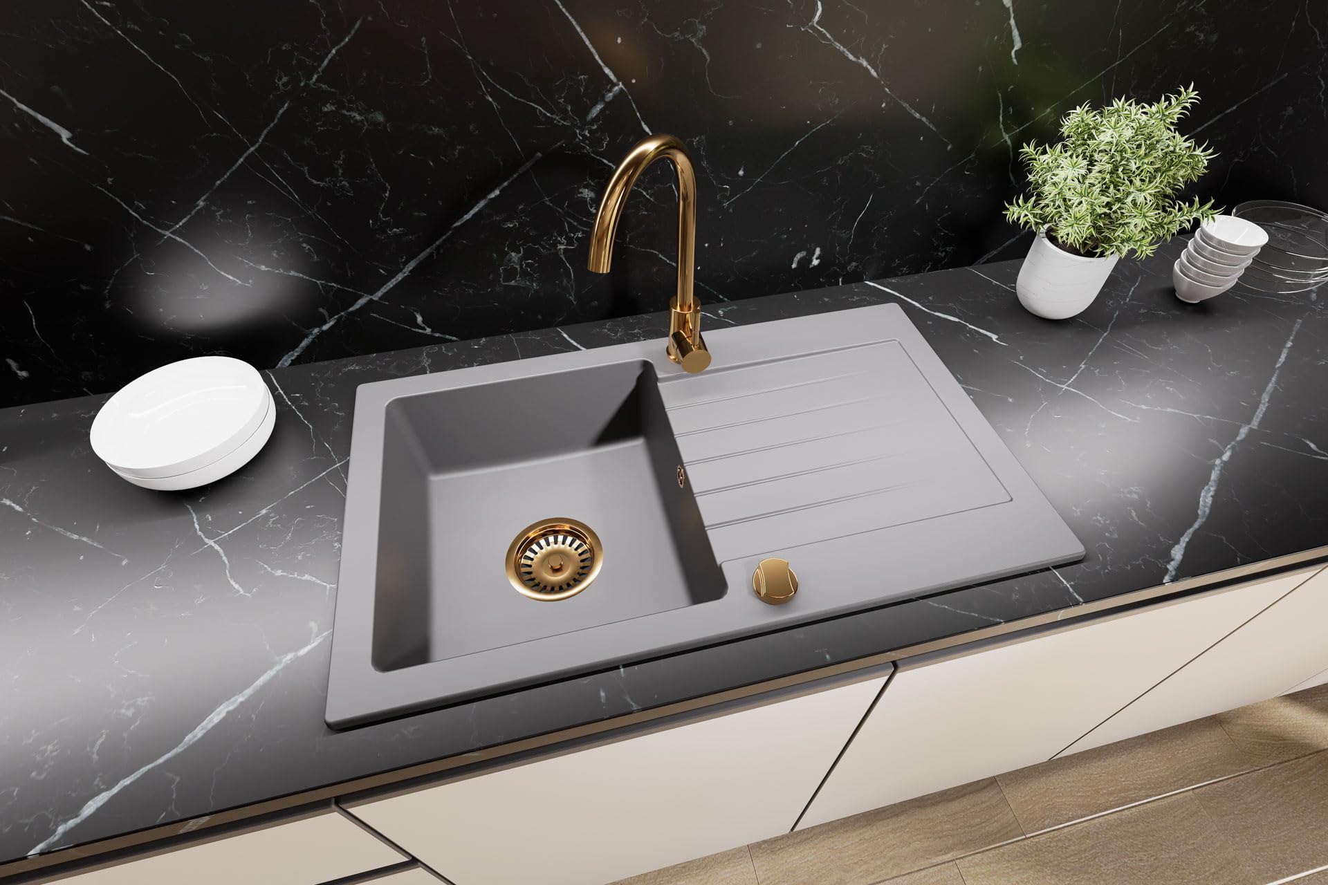Faizee Home | Granitspüle 75×45 cm – Küchenspüle mit Abtropffläche | Granit Einbauspülbecken für Unterschränke ab 45 cm inkl. Siphon-Set & Armatur Genial Gold | Farbe Grau