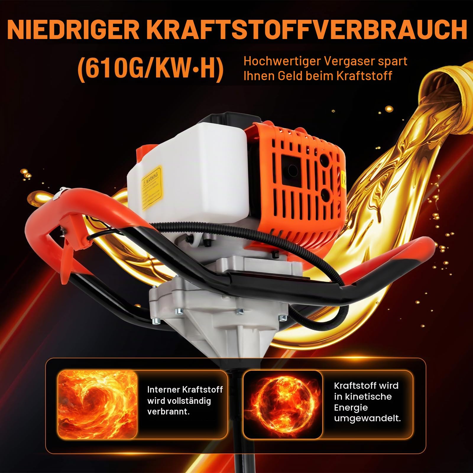 Erdbohrer zum Graben von Graben, 2,3 PS, mit Verlängerung, Bohrer, Schutzbrille, Erdbohrer, zum Ausgraben von Löchern zum Pflanzen von Bäumen, Zaunpfähle, Düngepfähle für Bäume (Orange)