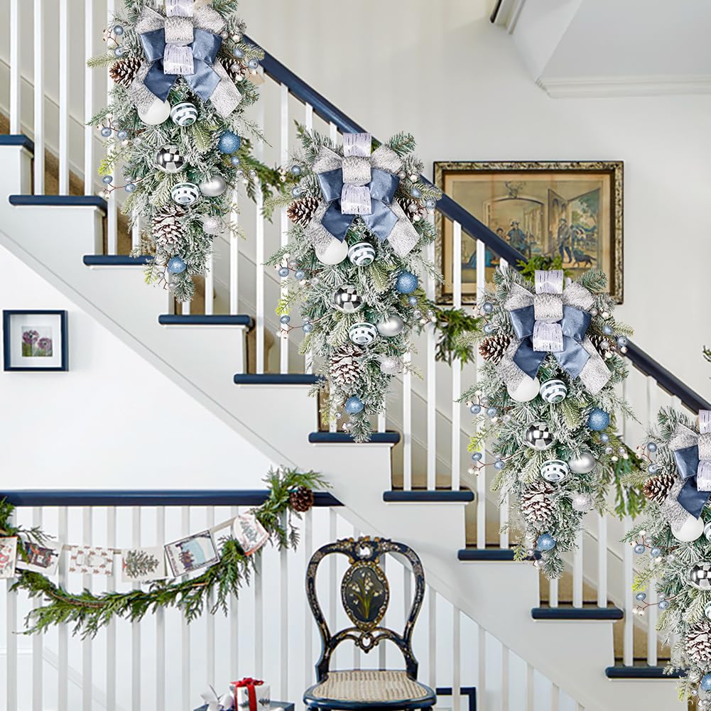 Weihnachtsdeko Tropfen Girlande für Weihnachten - Blau-Silbere Weihnachten Teardrop Swag mit Weihnachtskugeln, Beeren, Tannenzapfen und Schleife, Weihnachtsdeko, Höhe 76CM