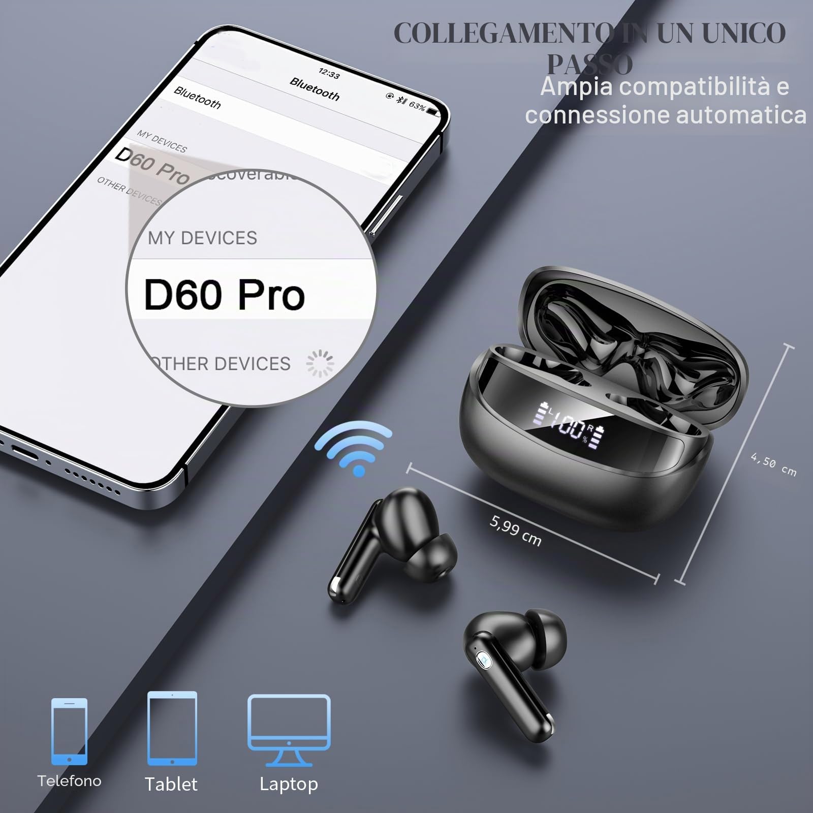 Cuffie Bluetooth, Auricolari Bluetooth 5.4 con 4 HD Mic, Cuffiette Bluetooth Stereo HiFi, 45 Ore Cuffie Wireless In Ear con LED Display, ENC Cancellazione Rumore, IP7 Impermeabili, Touch Control
