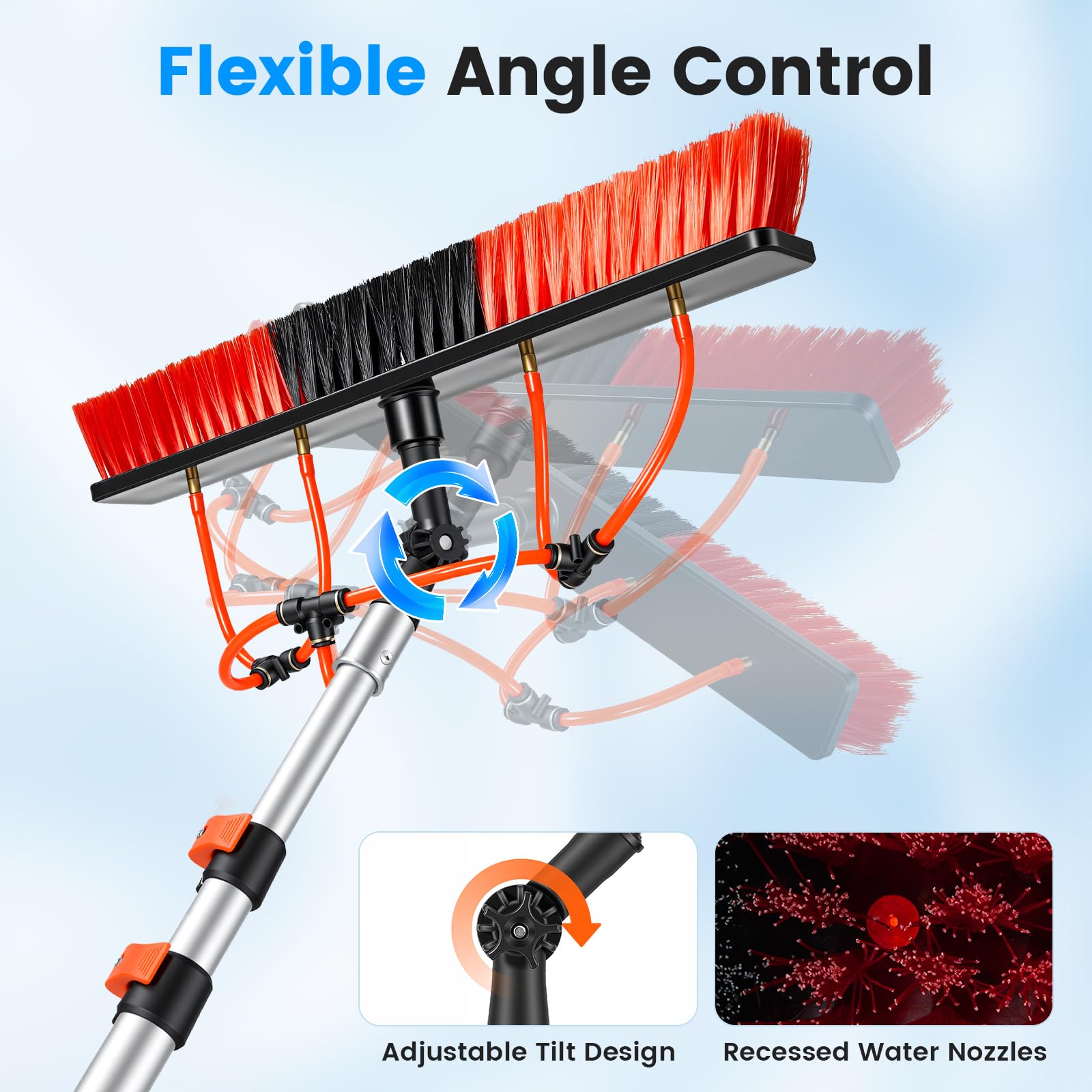 Teleskop Reinigungsset mit Wasserzufuhr, 4,8 m, 50 cm | Solarpanel Reiniger & Fensterreiniger, 180° drehbar, mit Seifenspender & Glasabzieher, Alu-Teleskopstange, 6,5 m Schlauch