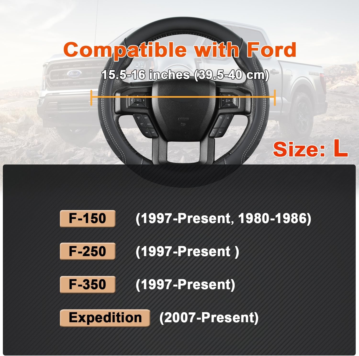 GIANT PANDA Car Steering Wheel Cover for Ford - F150 F250 F350 Expedition, (15.5-16 inches - Black+Gray Line) - Image 3