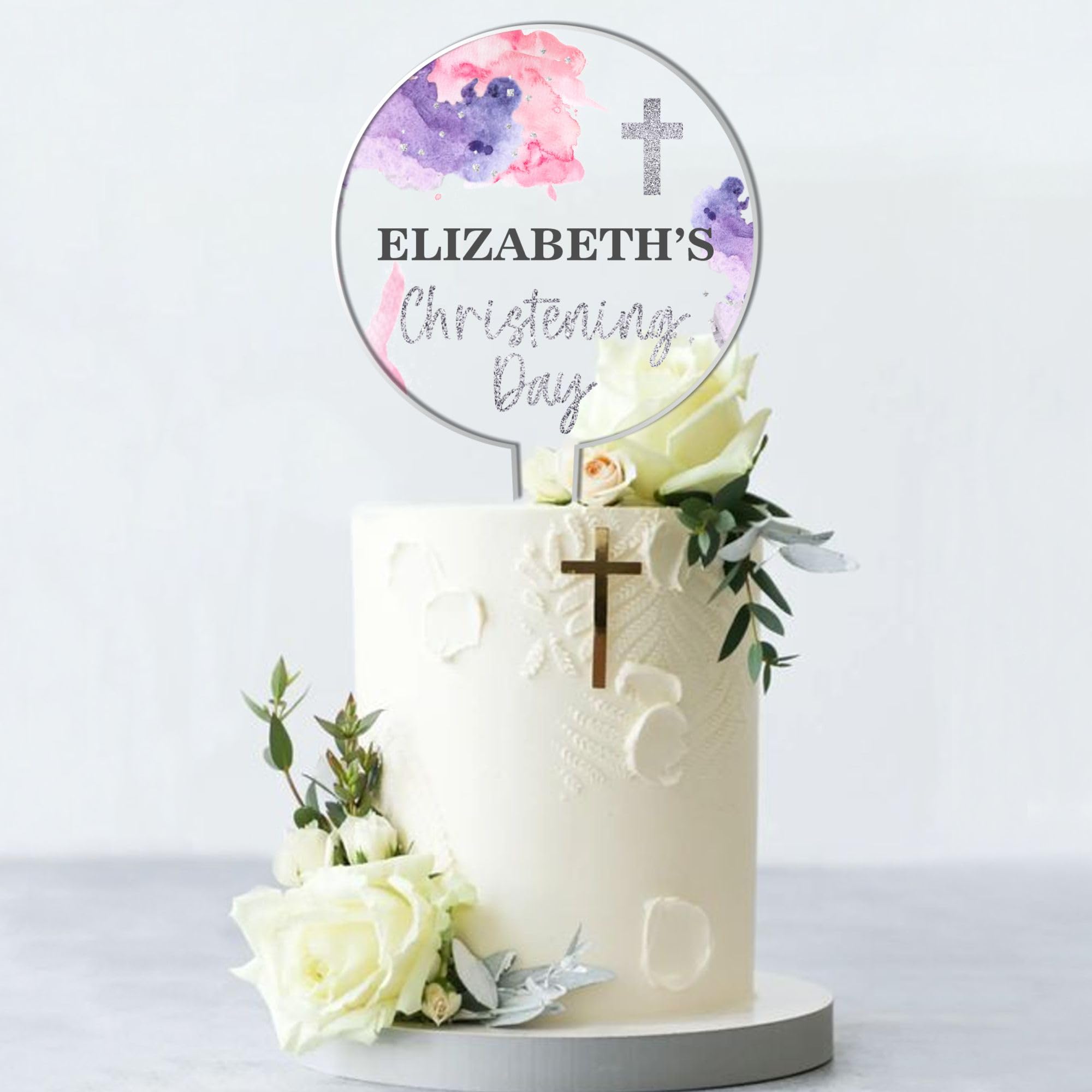 Personalised Religious Cake Topper – Custom Name & Occasion – Christening, Communion or Confirmation – Acrylic Watercolour Design with Cross Cake Decoration (Christening, Pink & Purple)