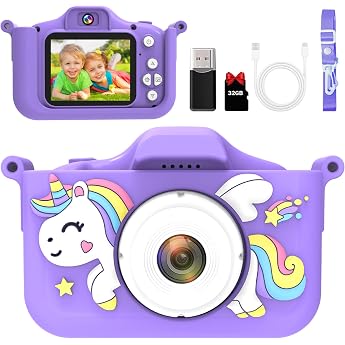 Children's Camera with 32GB Memory Card & 1080P HD - Selfie Camera for Girls & Boys from 3 Years Digital Camera with Games Music Time Lapse - Gift with Unicorn Silicone Case & Accessories