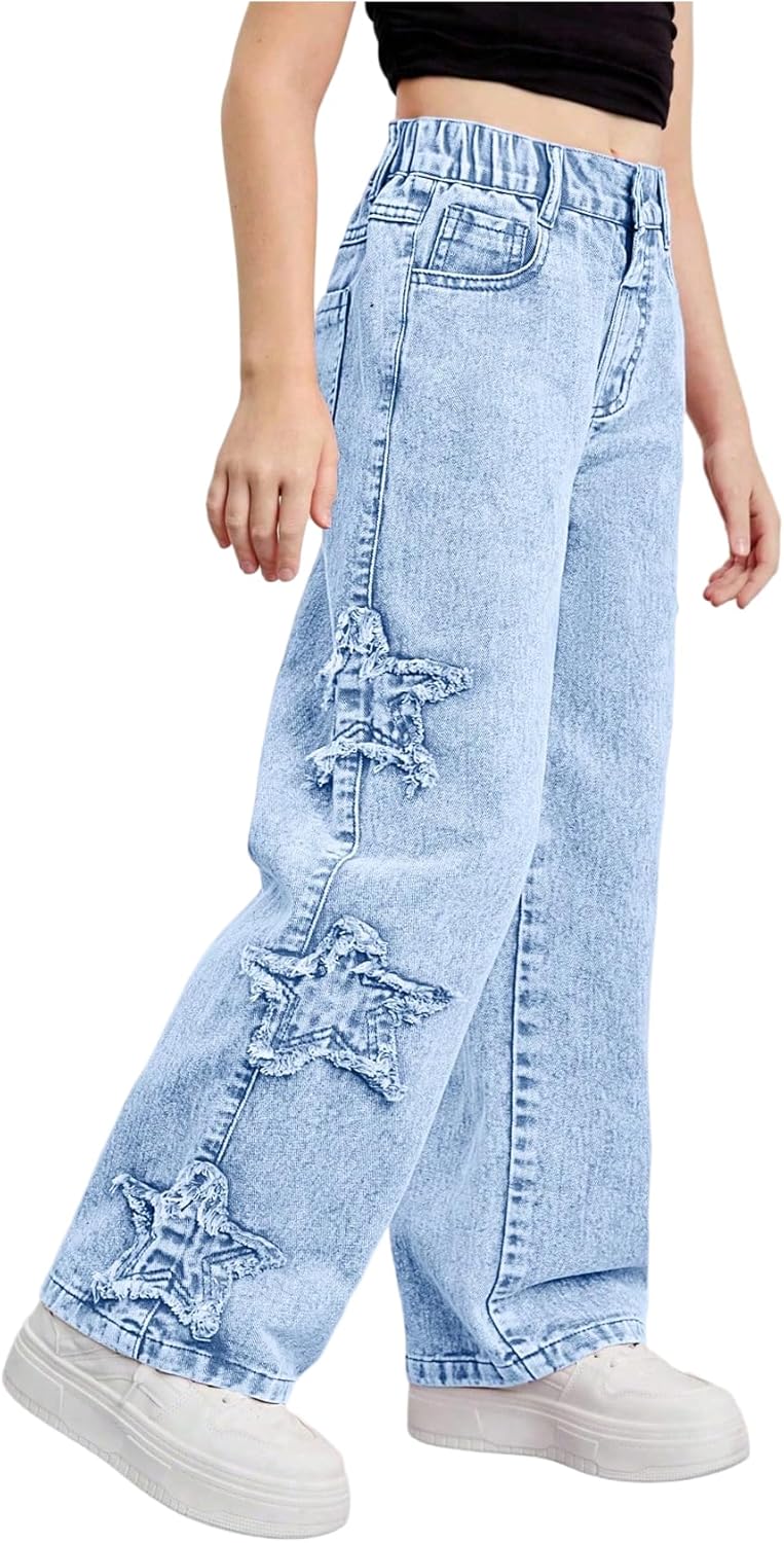 BEAUDRM Girl's Star Patched Y2k Jeans Wide Leg Elastic High Waist Denim Pants Streetwear