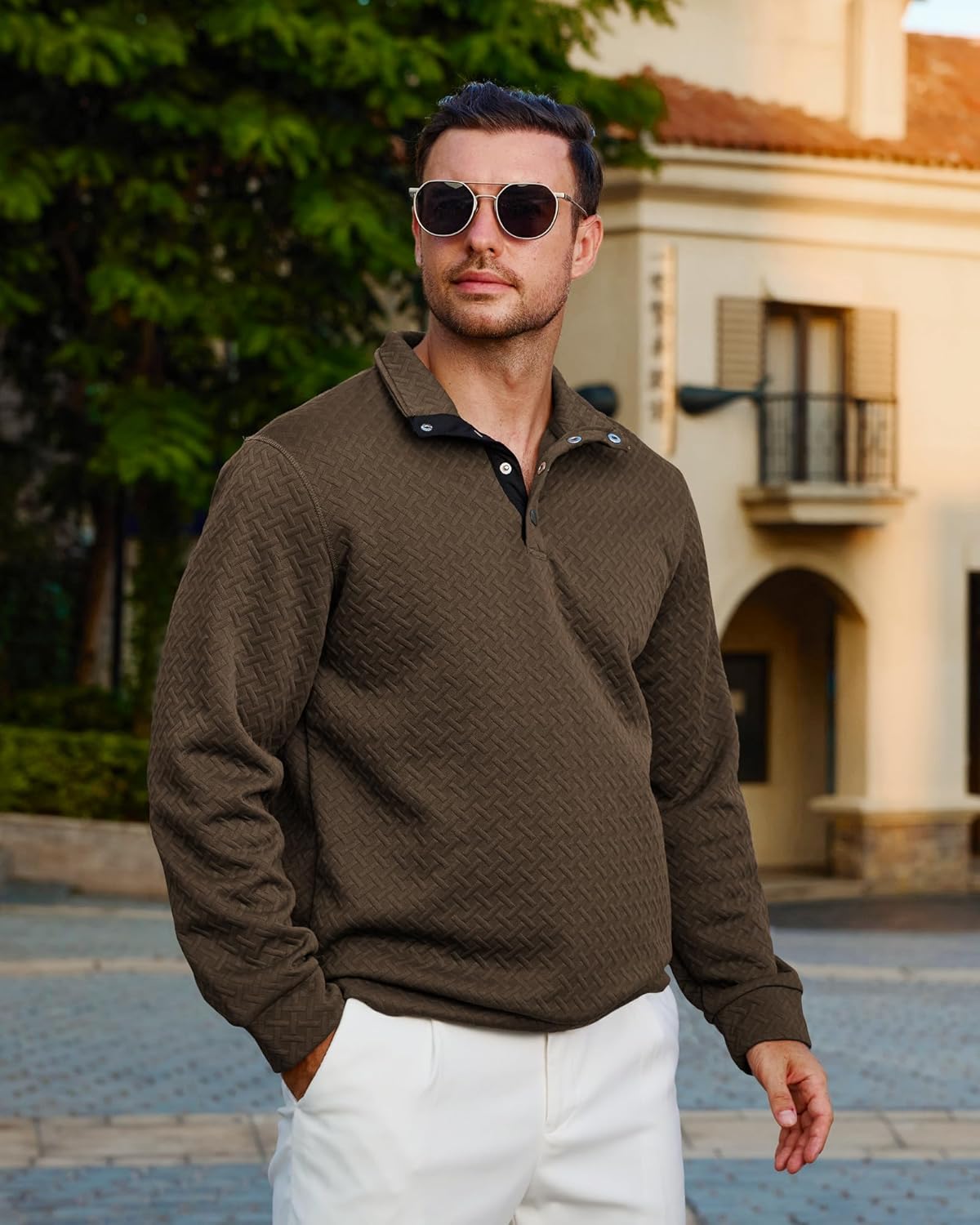 Lexiart Mens Fashion Quilted Long Sleeve Sweatshirts Thermal Stand Collar Quarter Button Up Pullover Sweatshirt - Image 3