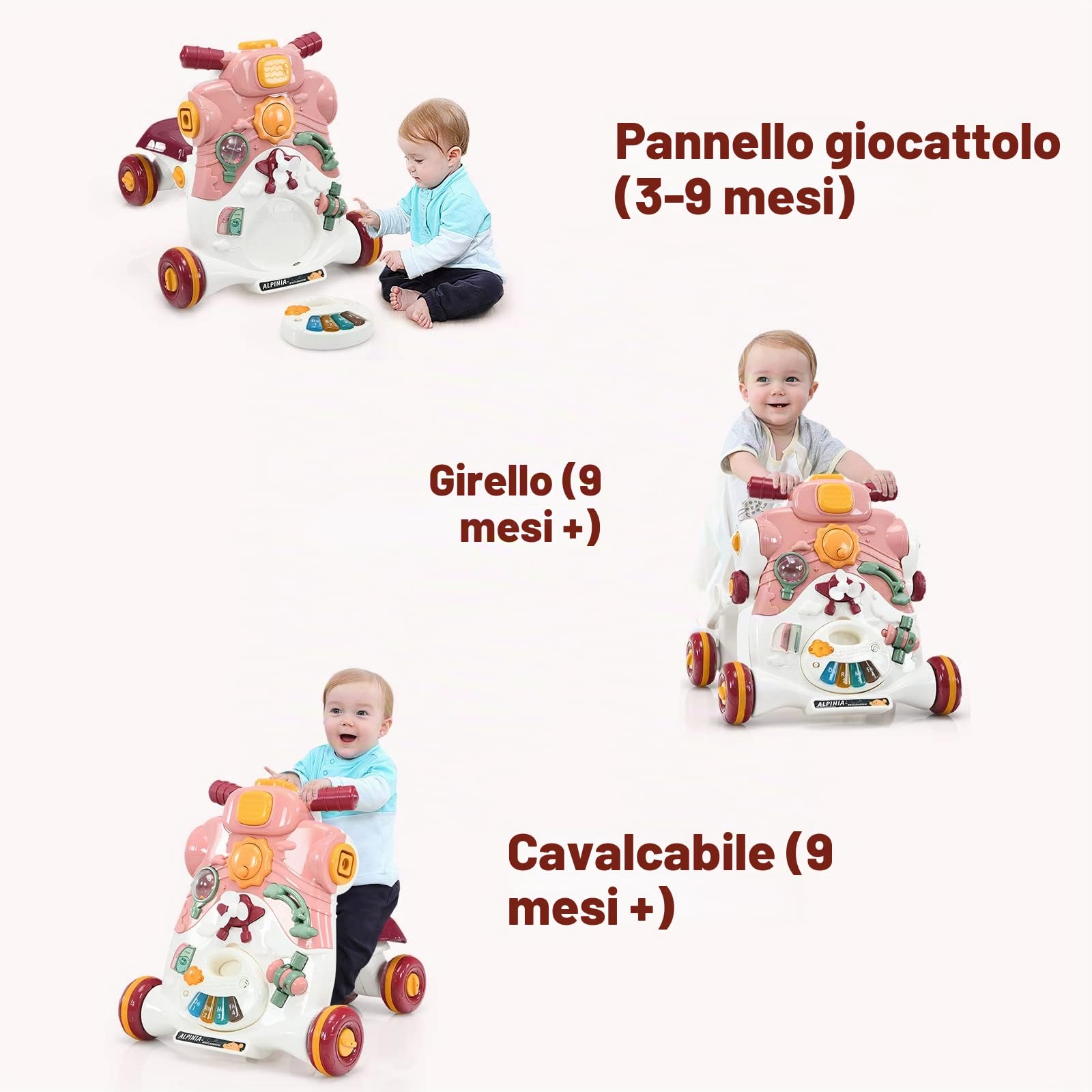 LIFEZEAL Carrellino Primi Passi 3 in 1, Girello bambini con Struttura Triangolare Stabile e Ruote Antiscivole, Gioco per Imparare a Camminare in Materiale Sicuro con Luce e Musica, 6-36 Mesi,Rosa