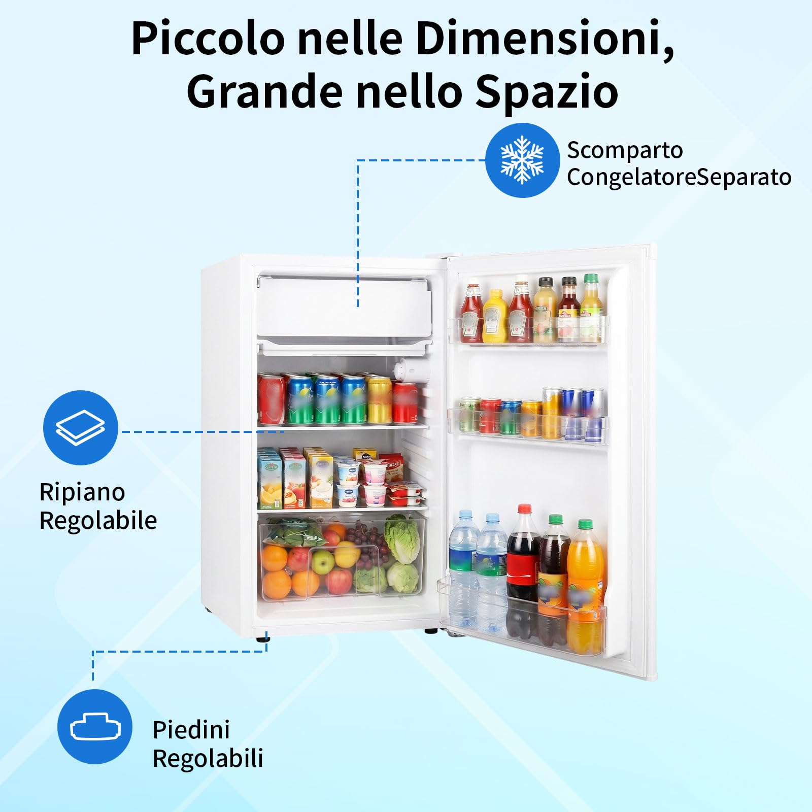 Mini frigorifero bianco 91L con congelatore, porta singola, termostato regolabile a 7 livelli. Risparmio energetico, bassa rumorosità, ideale per ufficio, camera e dormitorio