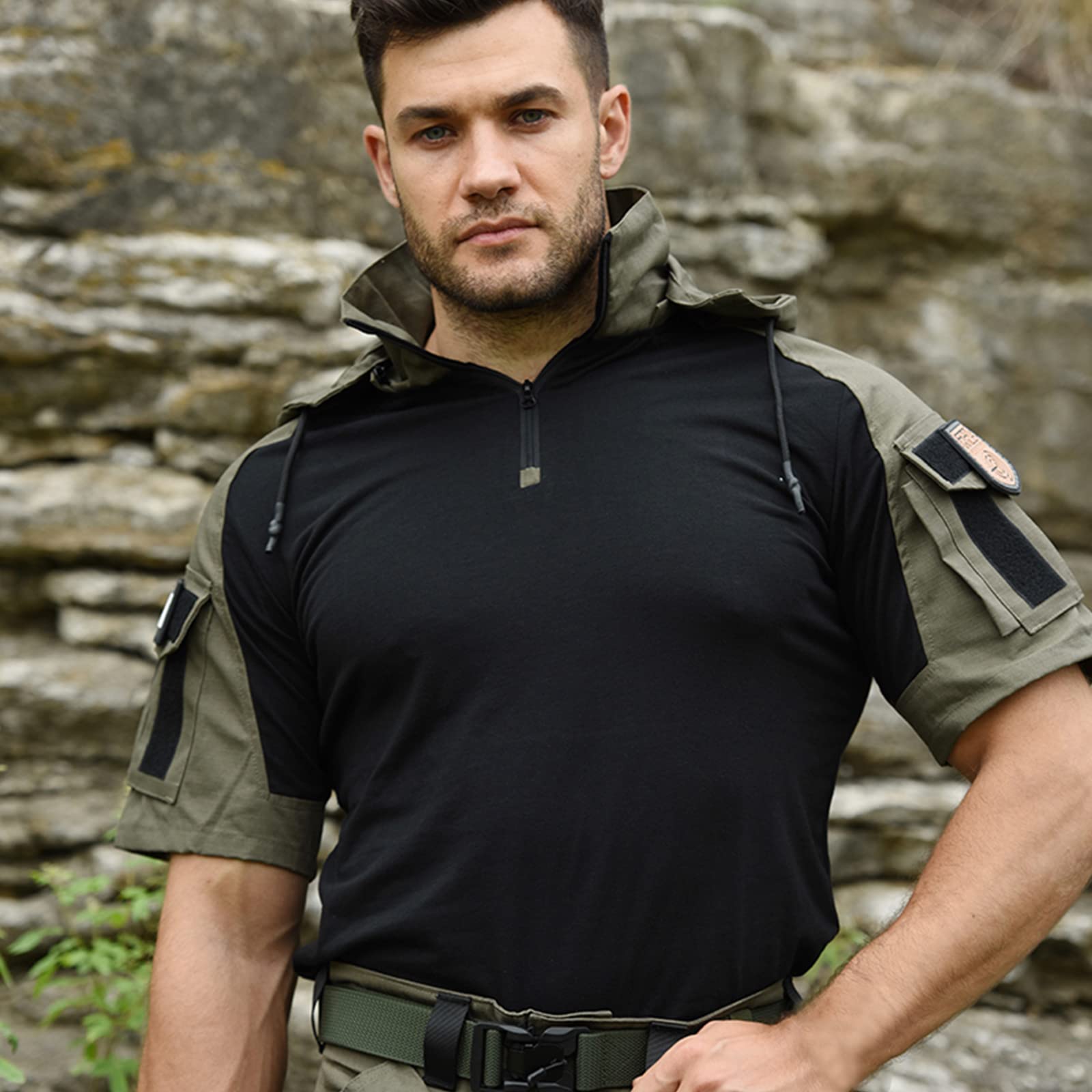 Maglietta tattica da uomo a maniche corte da combattimento militare con cappuccio, camicie mimetiche militari da caccia da tiro Cs, top traspirante ad asciugatura rapida.