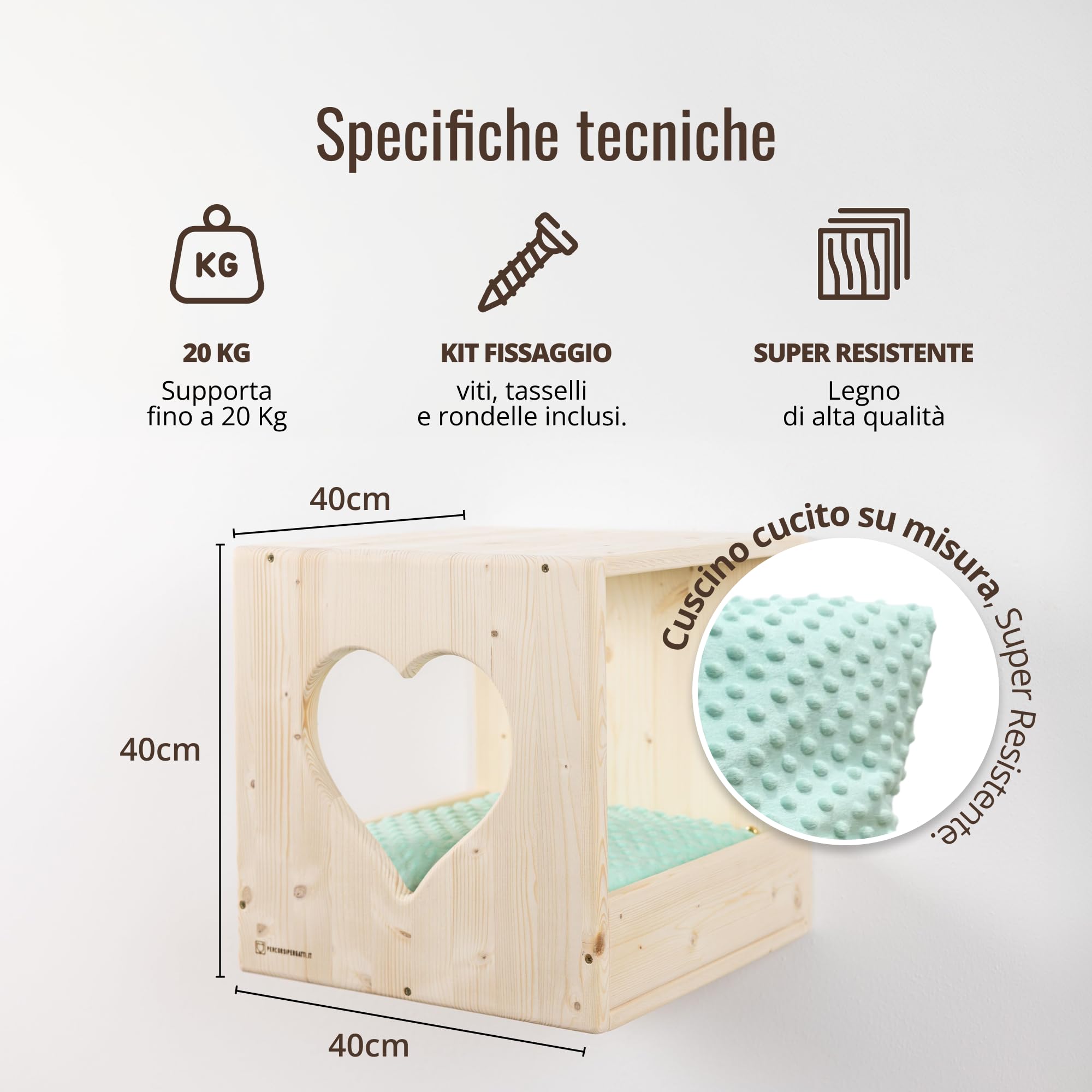 Cubo Cuccia Gatto 40x40x40cm, in Legno d'Abete PEFC Fatto a Mano, grafica Cuore e Cuscino Verde Lavabile, Cuccia per Gatti per Riposo, Giocare, e arrampicarsi, fino a 20 KG – Percorsipergatti