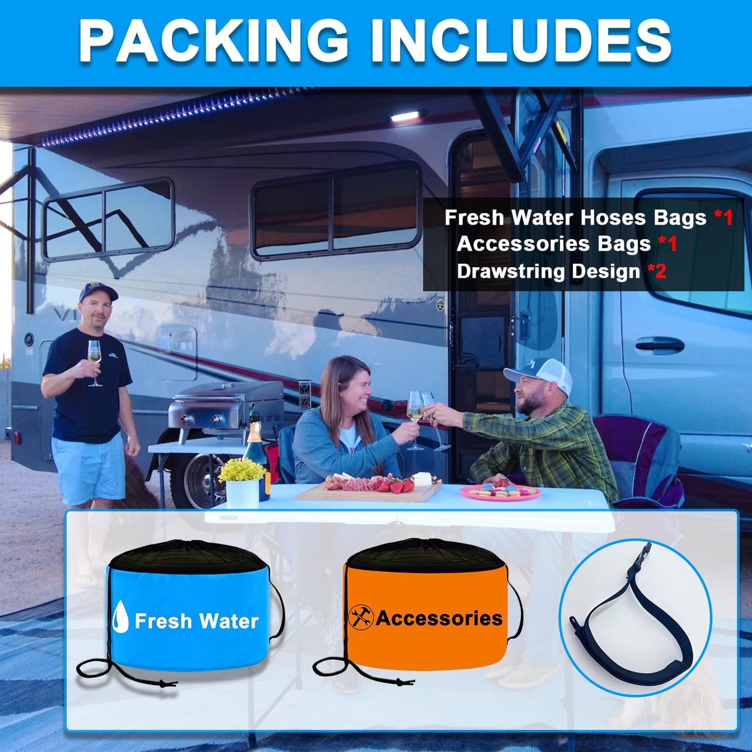 2-Pack Waterproof RV Hose Storage Bags with Drawstring Mesh Top, RV Utility bag, Sewer Hose Bag, Camper Tools Accessories Bag for Electrical Cords, Black/Fresh Water Hoses, Blue and Orange image 5