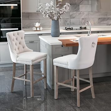 extrasleep Dining Chairs Set of 2, Modern Velvet Upholstered Barstools with Button Tufted Decoration and Wooden Legs, Chrome Nailhead Trim, Leisure Bar Chairs, 2 Bar Stools, Beige