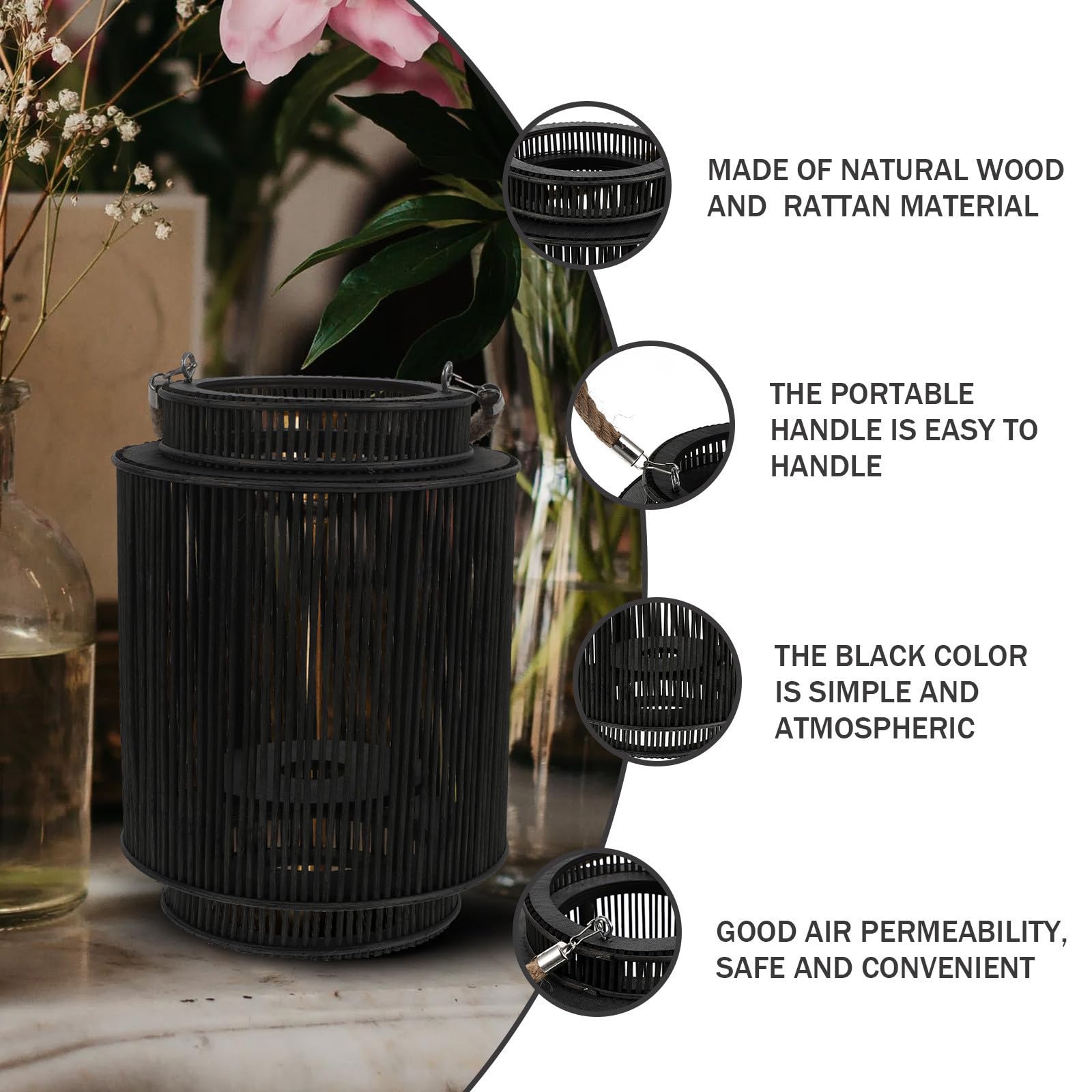 Operitacx Lanterne Tissée en Rotin Noir Décoration Portable Lumière Chaude Style Classique et Rétro Élégant pour Bureau et Manteau