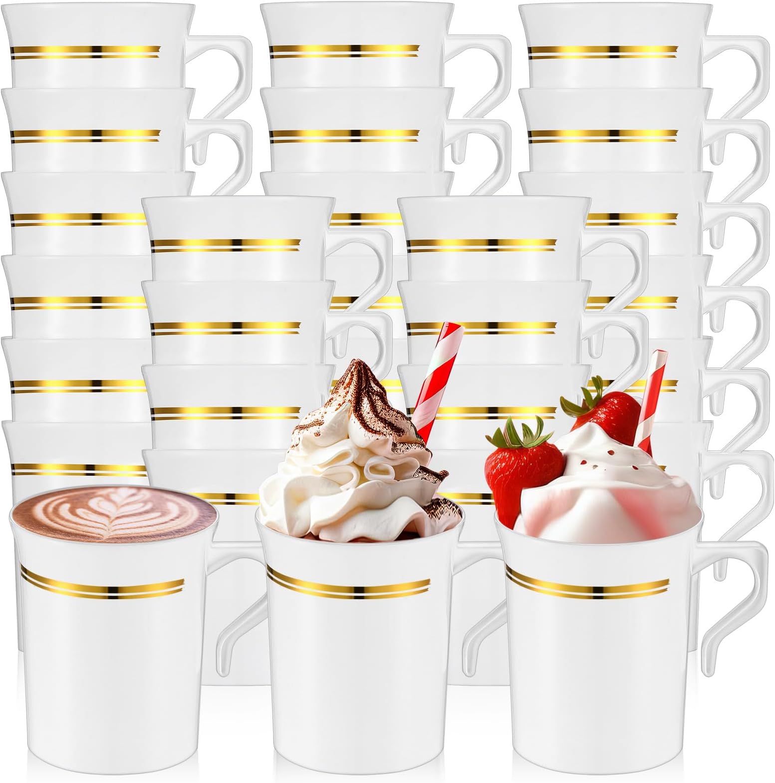 Baderke24 Pcs Plastic Coffee Cups with Rim 8 oz Disposable Coffee Mugs with Handle Disposable Tea Cups Espresso Beverage Plastic Mugs for Wedding (White,Gold)