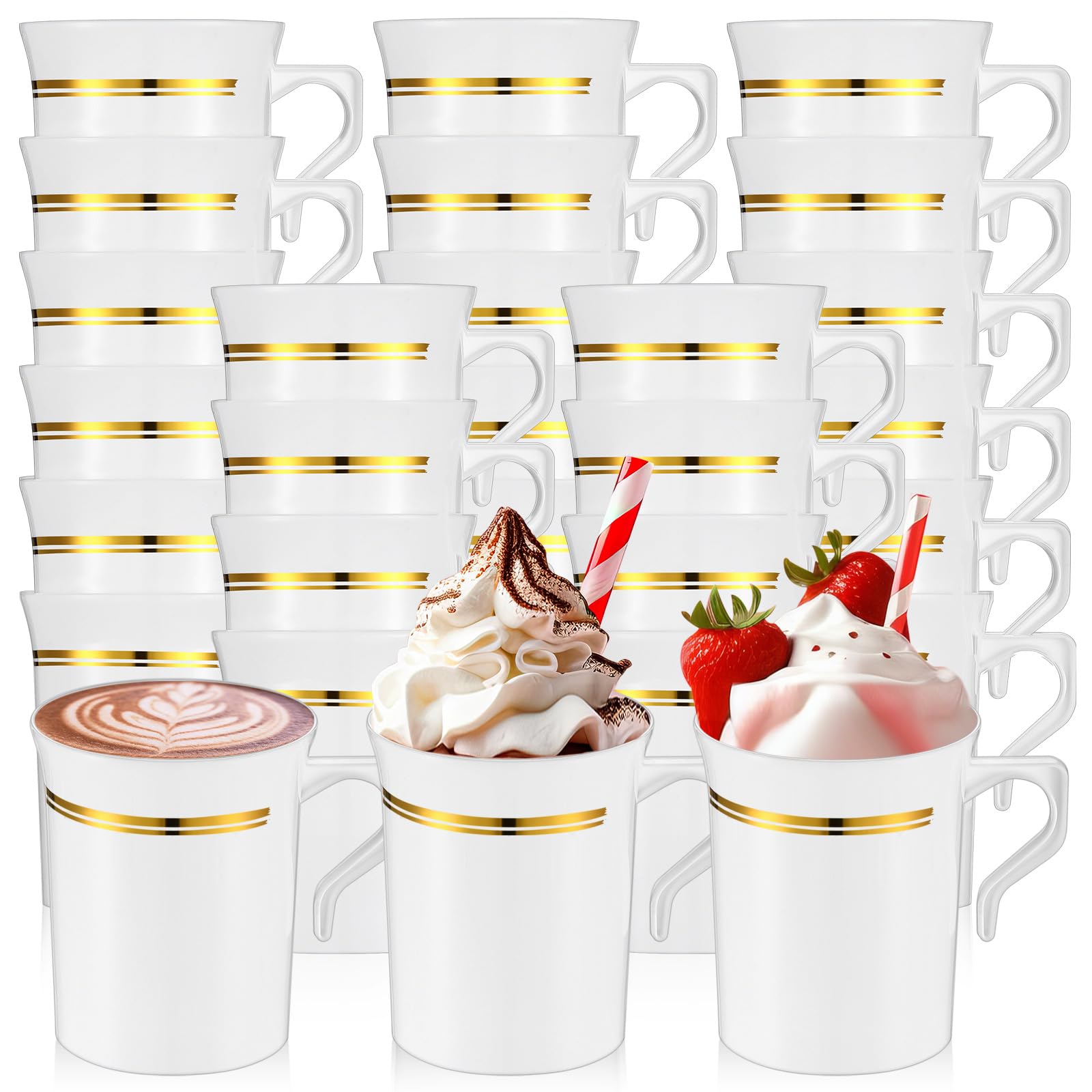 Baderke24 Pcs Plastic Coffee Cups with Rim 8 oz Disposable Coffee Mugs with Handle Disposable Tea Cups Espresso Beverage Plastic Mugs for Wedding (White,Gold)