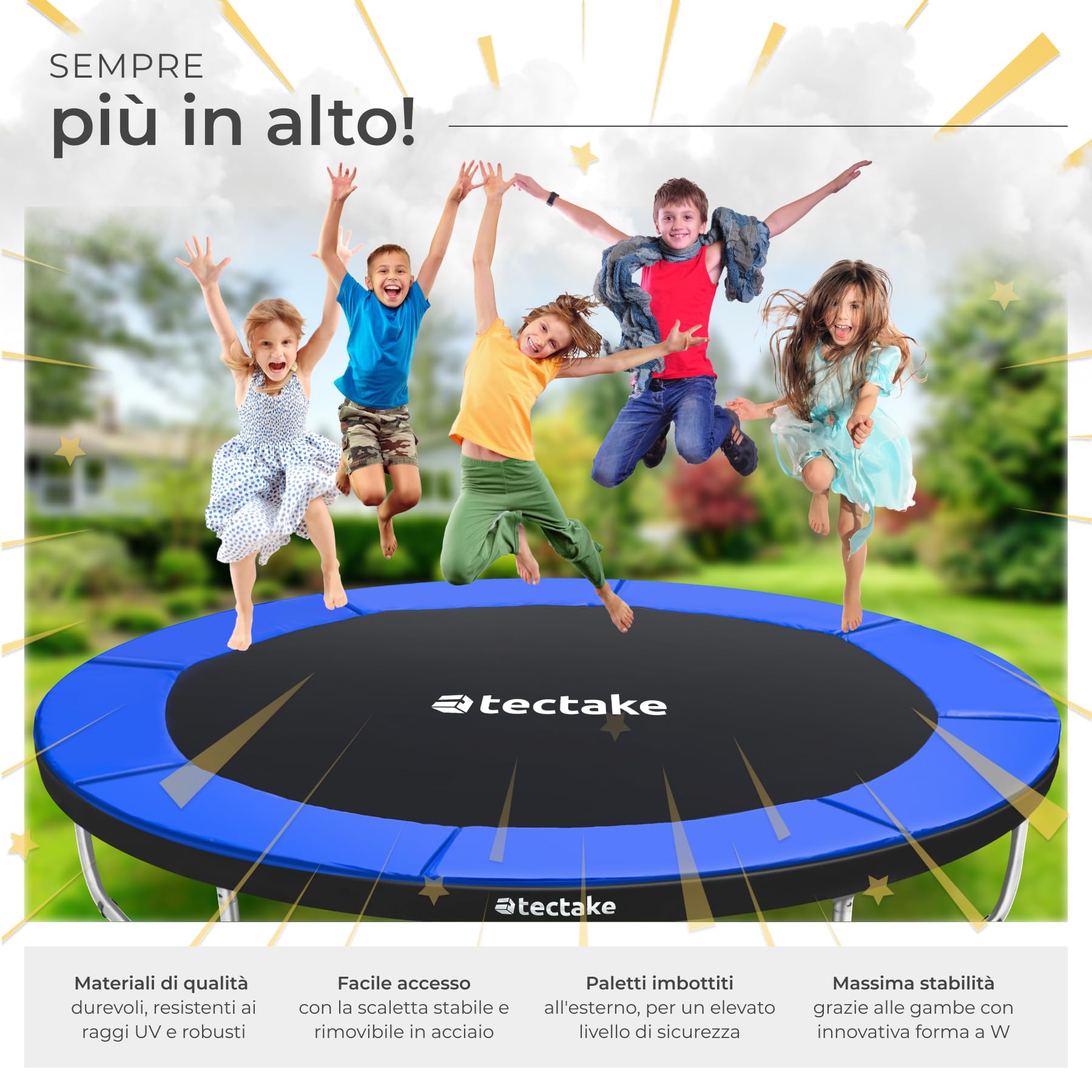 tectake® Trampolino Elastico per Bambini e Adulti Ø 244/305/366 cm, Certificato GS, Tappeto Sport Resistente agli Strappi, Rete di Sicurezza Bambini, Scaletta, Struttura in Acciaio, Bordo Imbottito