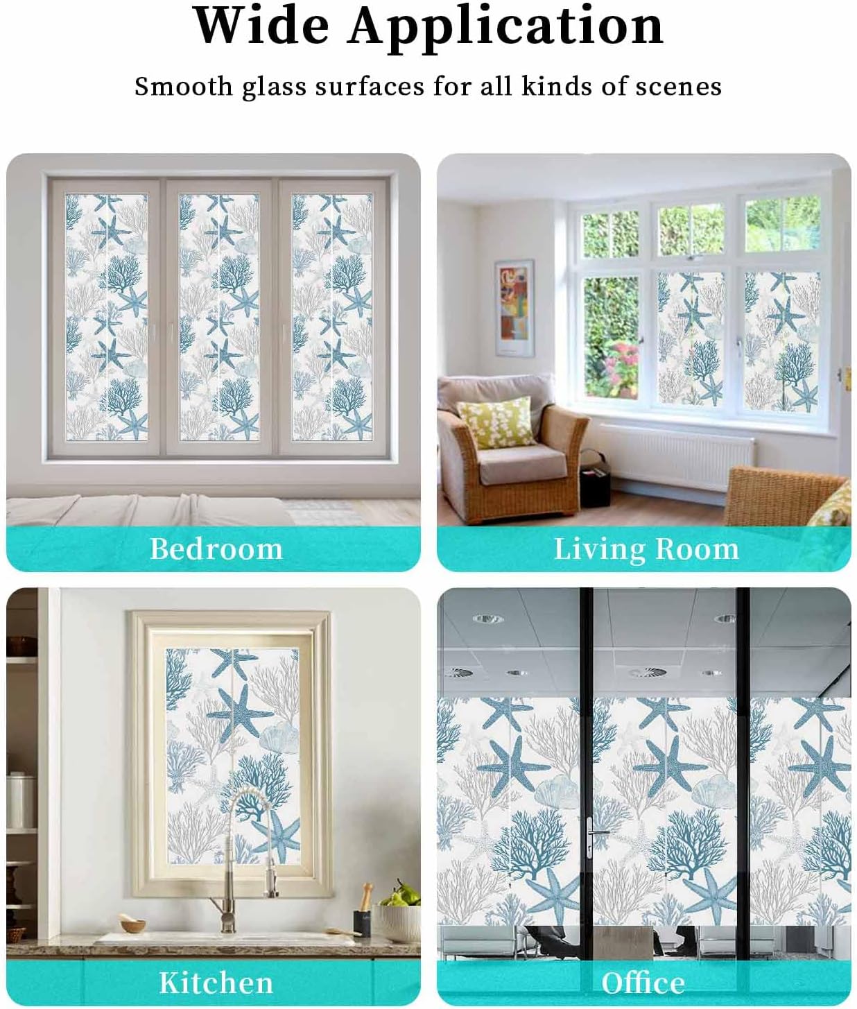 Window Privacy Film Summer Ocean Stained Glass Window Film Decorative Sun Block Window Cover Coastal Coral Starfish Textured Blue White Window Clings Static Adhesive Sticker for Bathroom 35.4"x78.7"