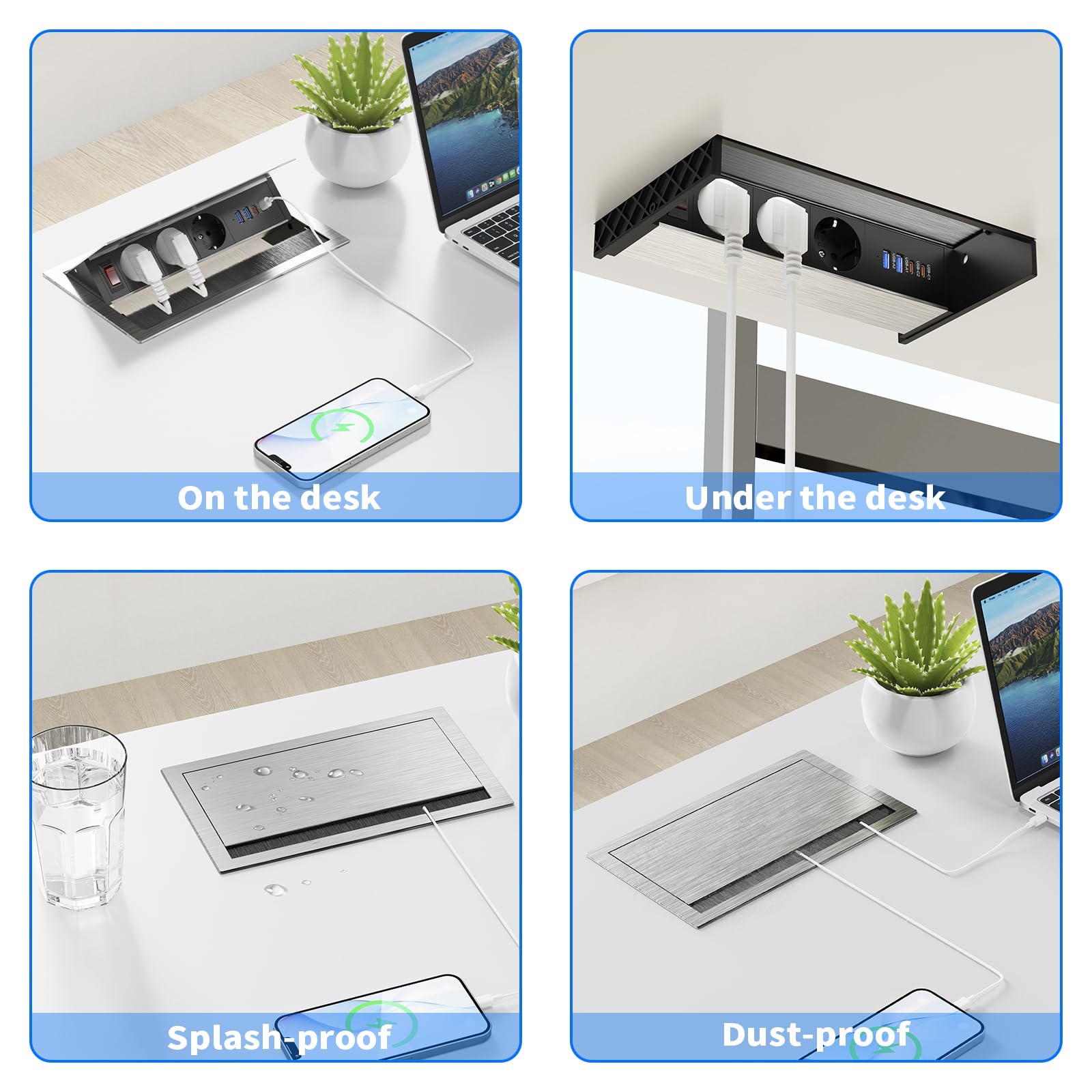 Wysuwane gniazdko z aluminium z USB-C PD 30 W, gniazdko do zabudowy z 3 gniazdami i 4 portami USB, wpuszczane gniazdko na biurko i do kuchni, regulowany kąt, kabel 1,8 m, kolor srebrny