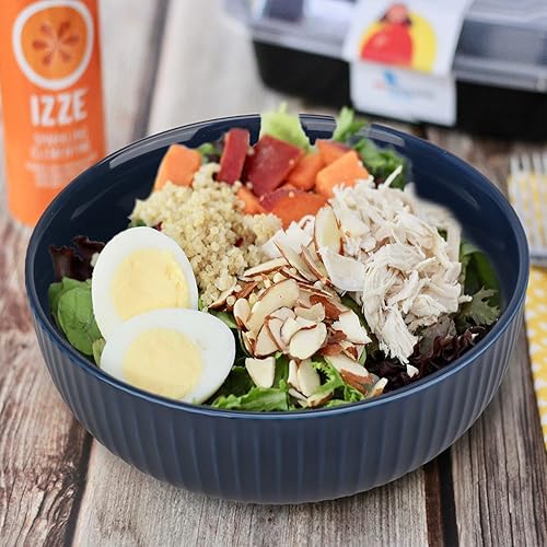 Miniatura 2 de Ensaladera extra grande, cuenco de frutas de cerámica de 94.7 fl oz, elegante cuenco de sopa redondo de rayas verticales azul marino, cuenco para