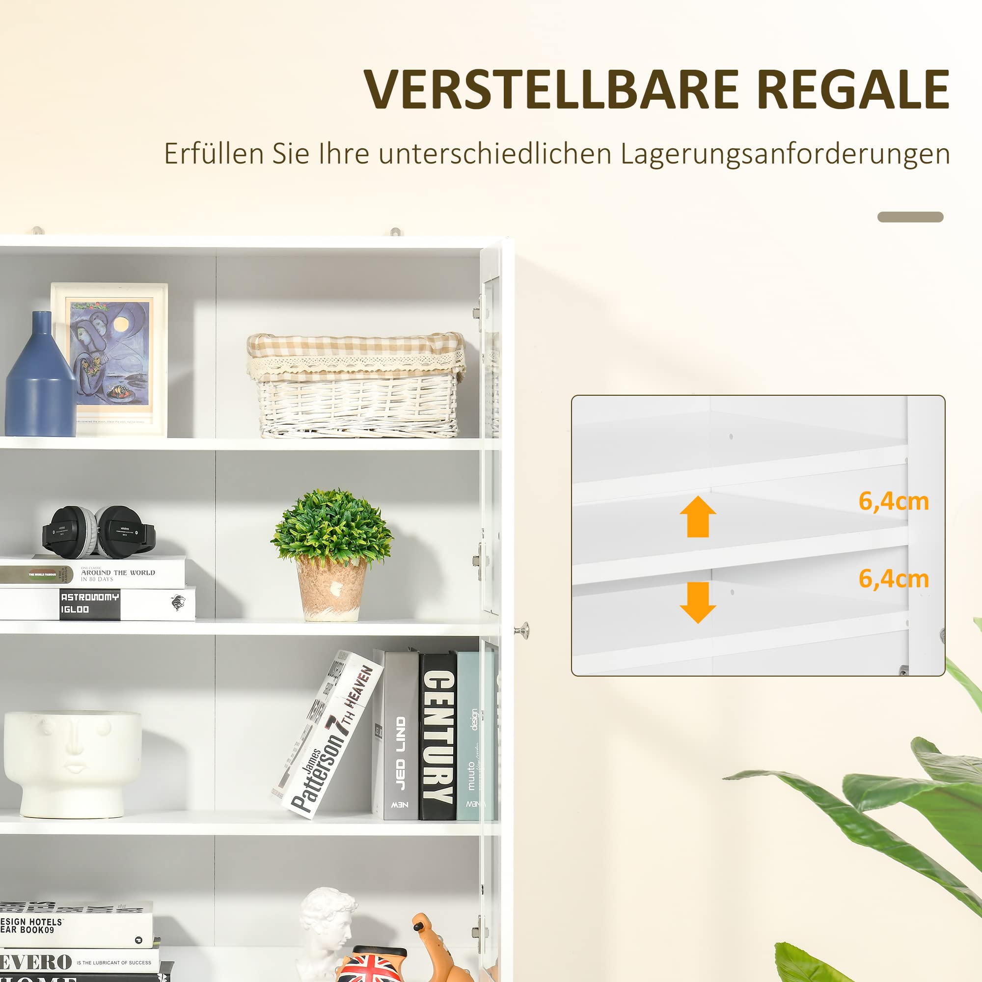 HOMCOM Bücherregal Bücherschrank mit 6 Fächern, Türen, Standregal Aufbewahrungsregal Bürporegal für Wohnzimmer, Büro 76x40x178,5 cm Weiß