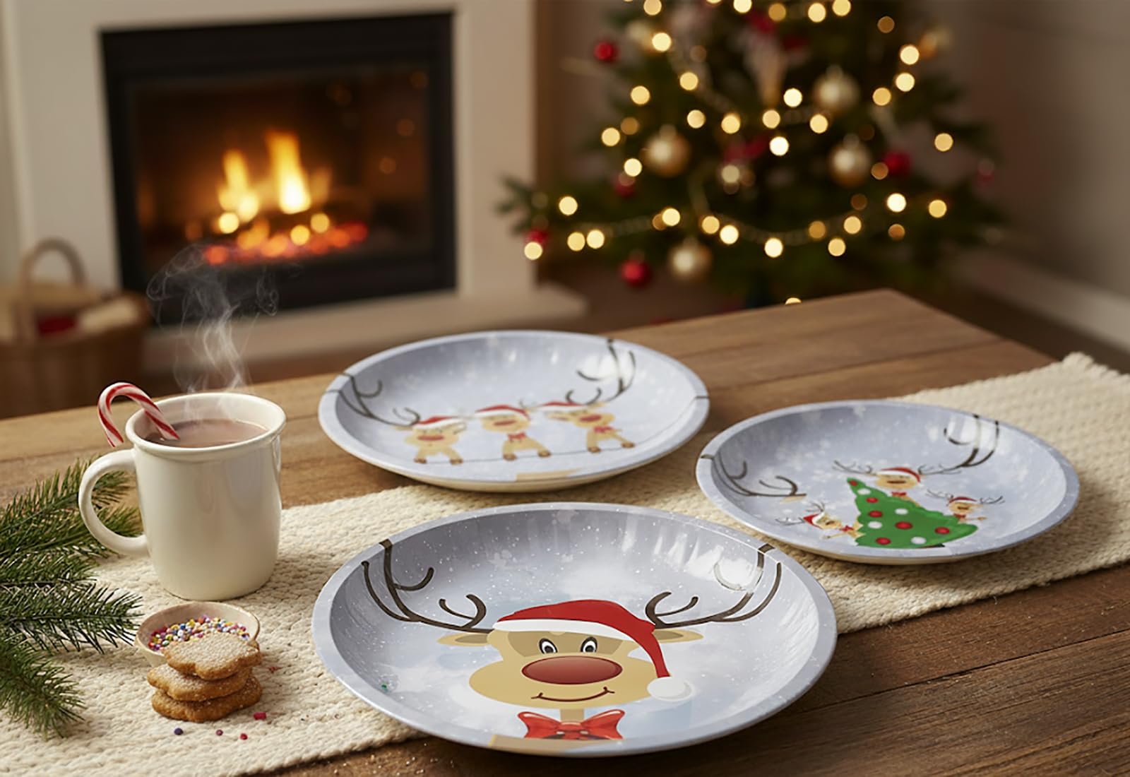 KAMACA 3er Set Weihnachtsteller Keksteller aus Metall Ø 26 cm Nikolausteller für Kekse, Plätzchen, Stollen & Süßes stilvoll wiederverwendbar Advent Festtage (3er Set Gebäckteller Rentier Ole)