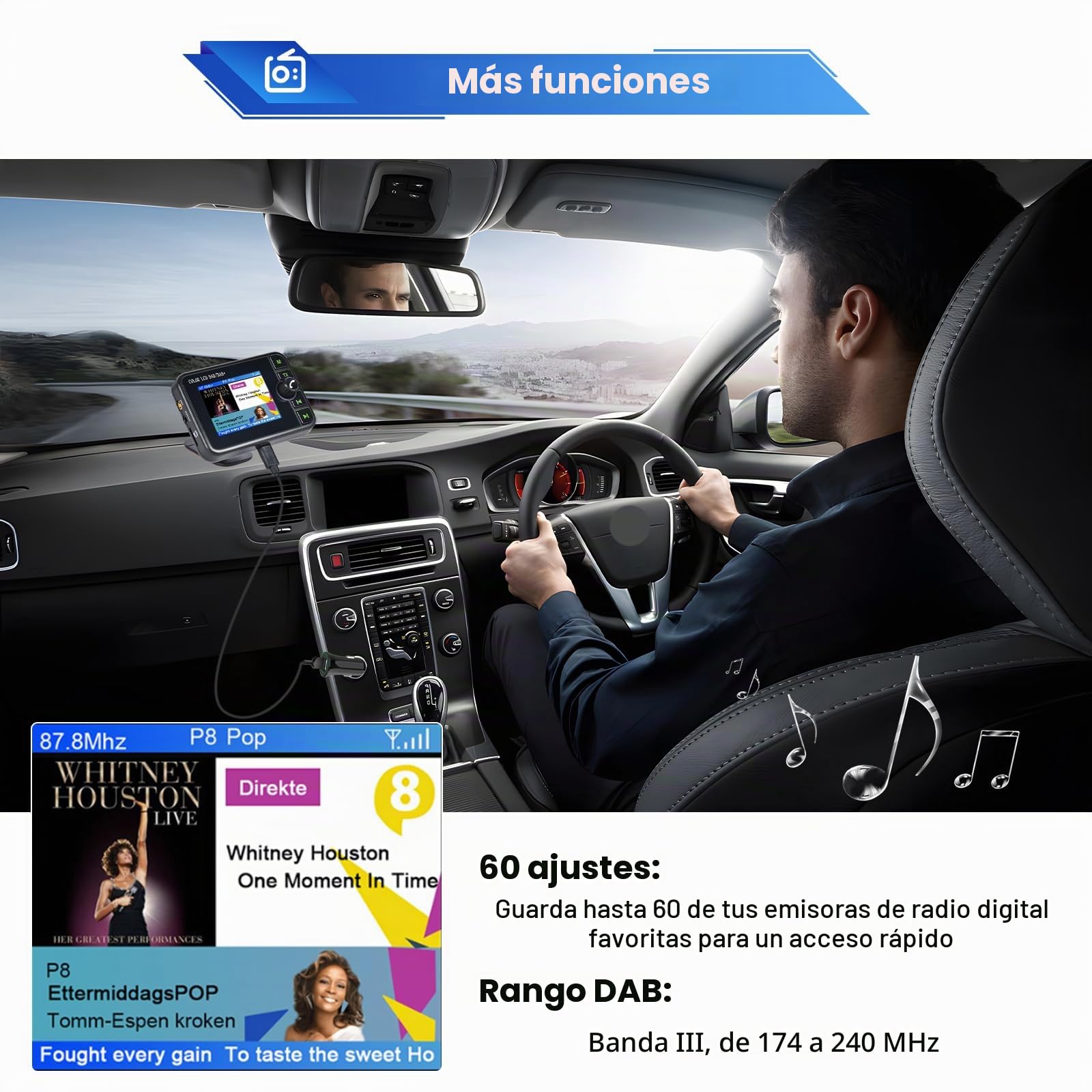Adaptador de Radio Dab+Digital para Manos Libres Bluetooth | 2.4" LCD Pantalla AUX Tarjeta TF Manos Libres Digital Audio Adaptador