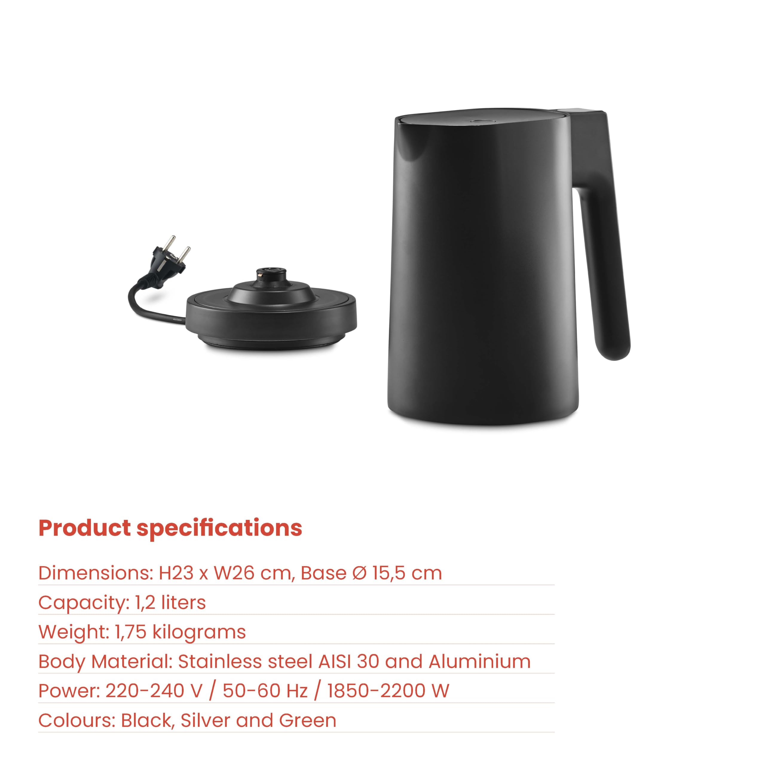 Jacob Jensen Elektrischer Wasserkocher mit Temperatureinstellung von 70°C bis 100°C, Warmhaltefunktion, Signalton, LED-Display mit Temperaturanzeige & Touch-Bedienung, BPA-Frei, 1,2 Liter, Schwarz