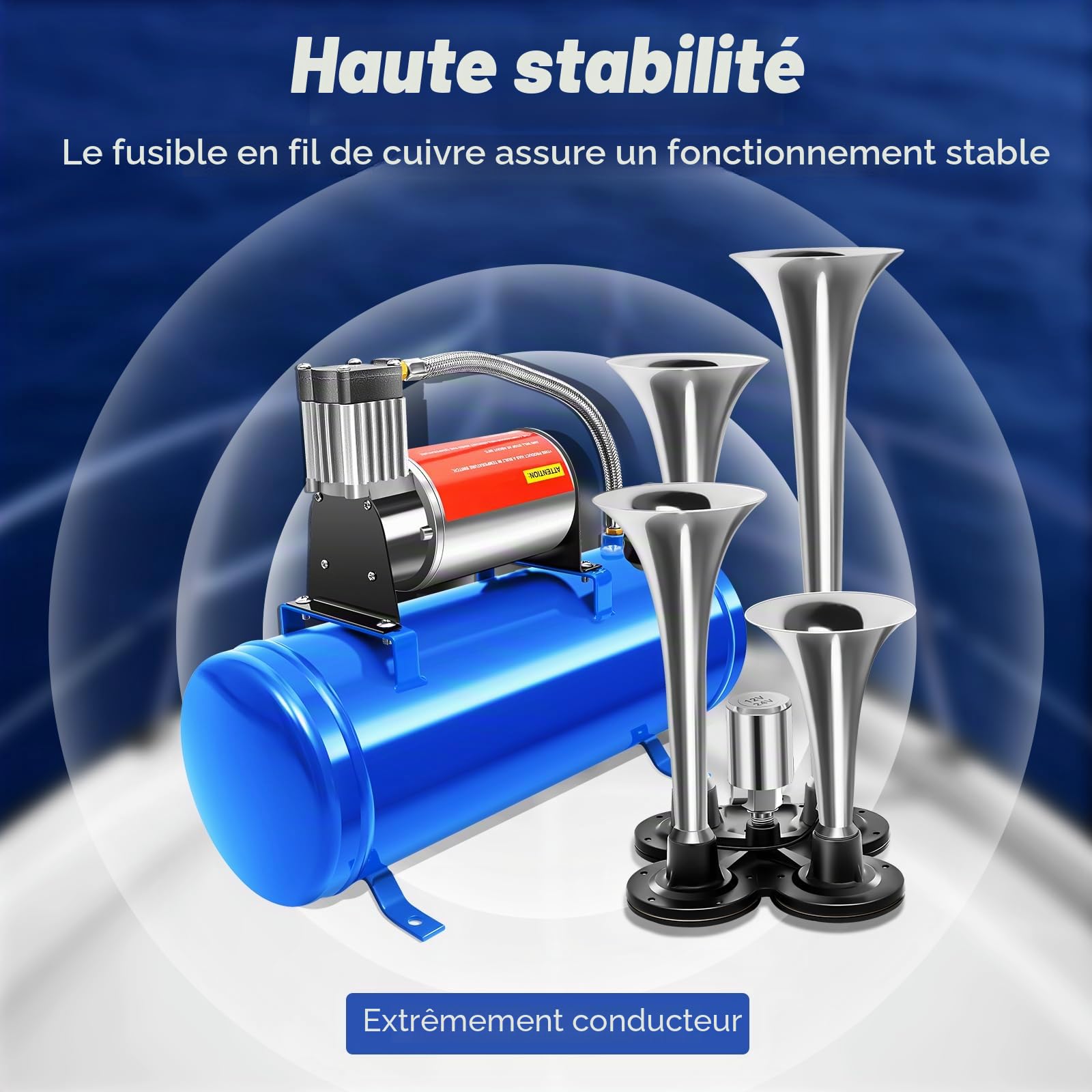 Compresseur, 12 V, 4 trompettes, kit klaxon, 150 psi, compresseur d'air, avec réservoir de 6 l, pour gonfler les pneus de voiture, ballons, jouets, bateaux